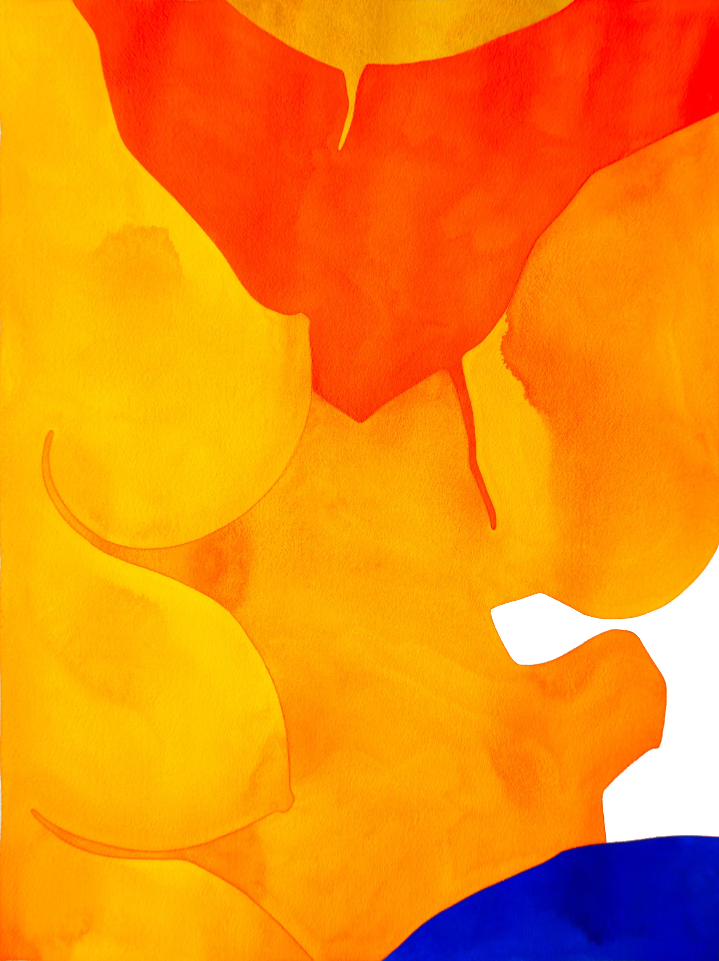Une peinture abstraite avec des formes fluides dans des tons de jaune, orange et bleu.