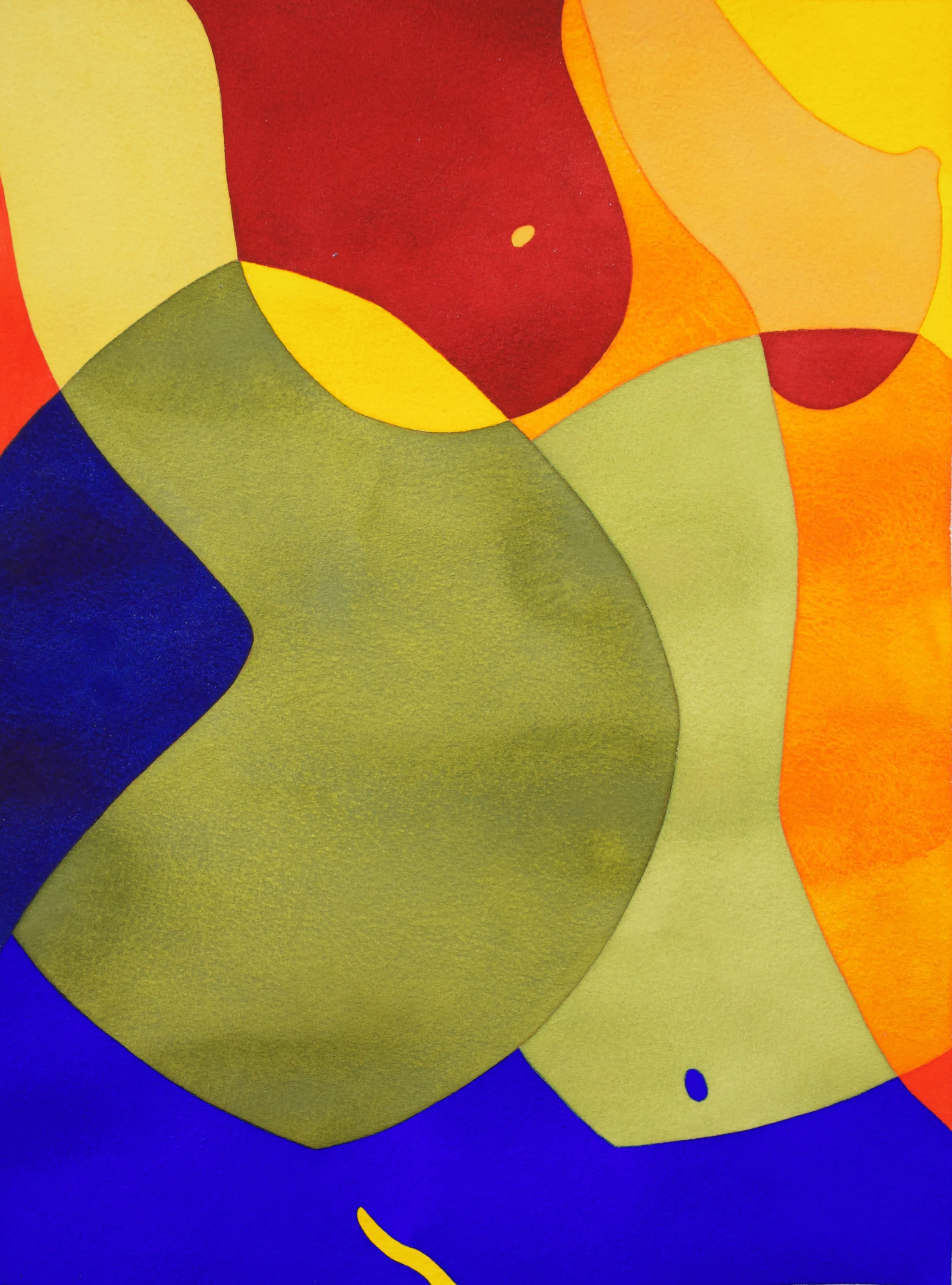 Une œuvre d'art abstraite avec des formes colorées en jaune, rouge, vert, orange et bleu.
