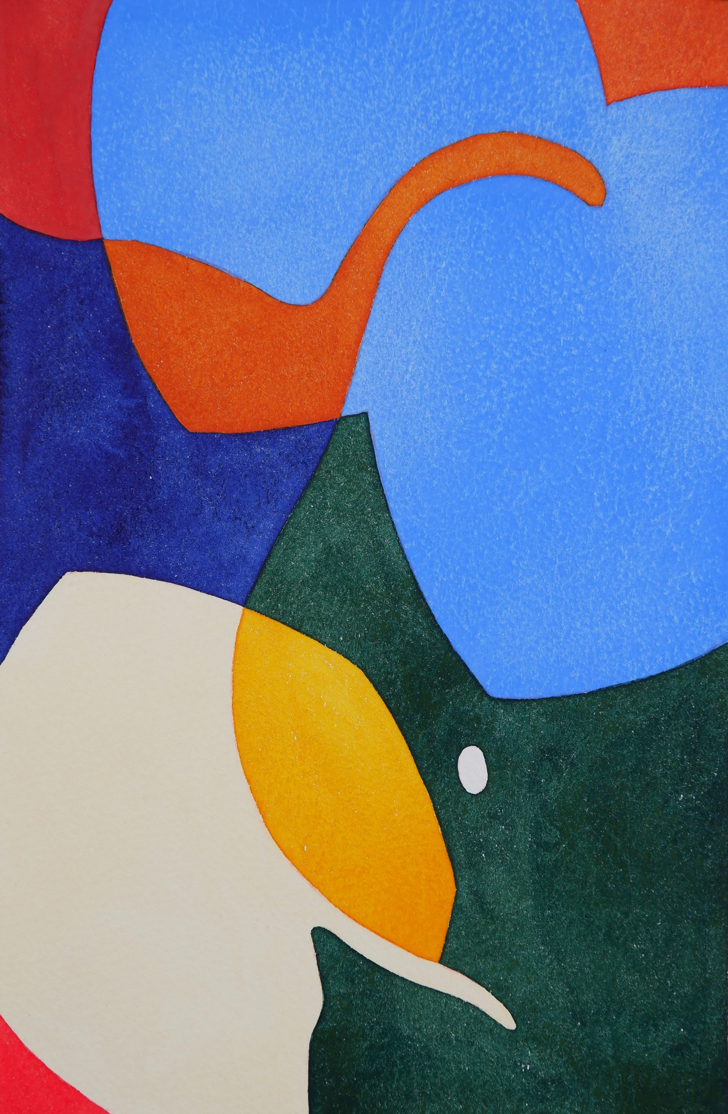 Une œuvre d'art abstraite avec des formes géométriques colorées, y compris des formes rondes et triangulaires, dans des couleurs vives comme le bleu, le vert, le jaune, l'orange, le rouge et le blanc.