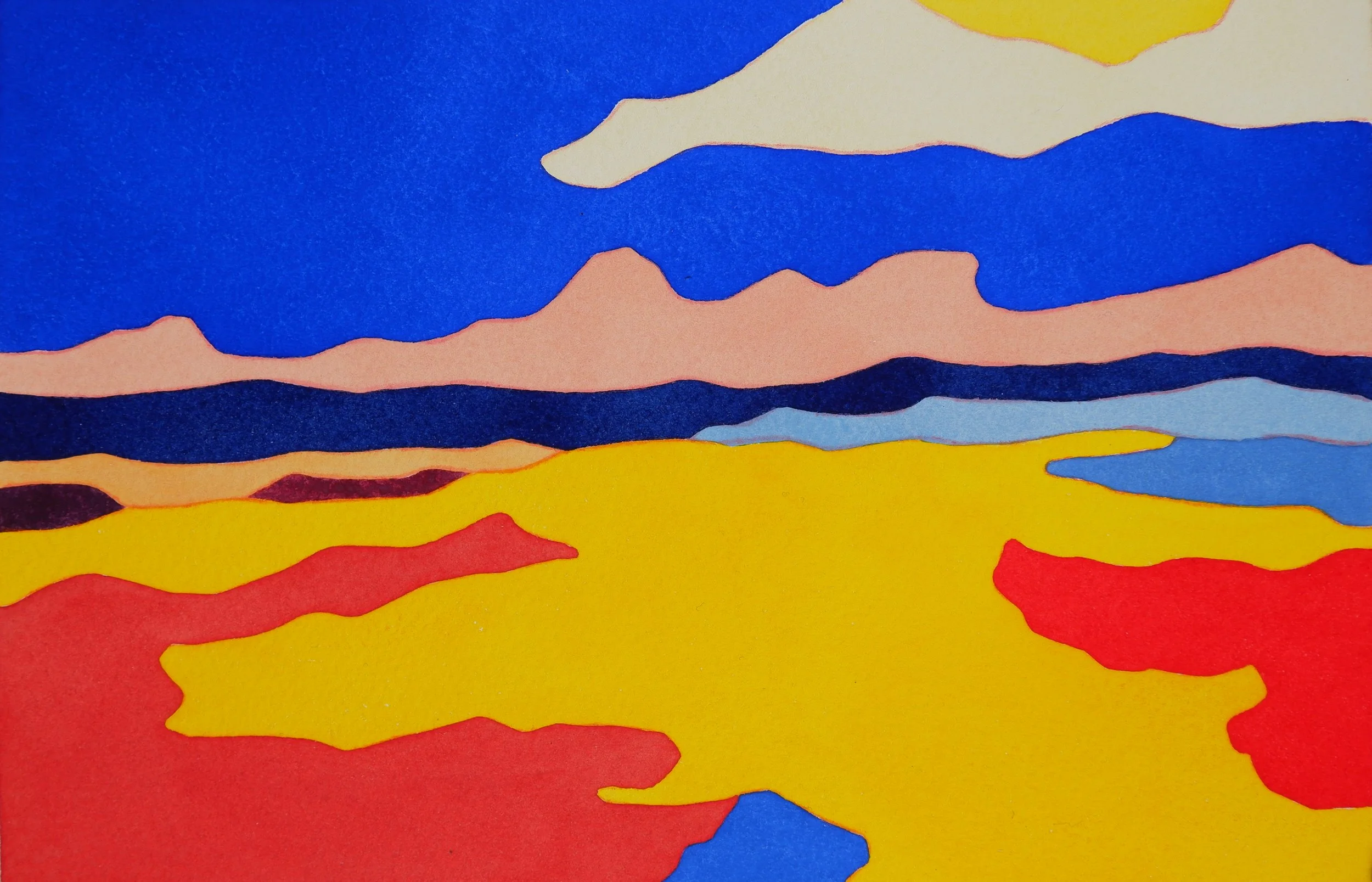 Une illustration abstraite avec des couleurs vives, comprenant des formes ondulantes en bleu, jaune, rouge, rose, orange, et violet.