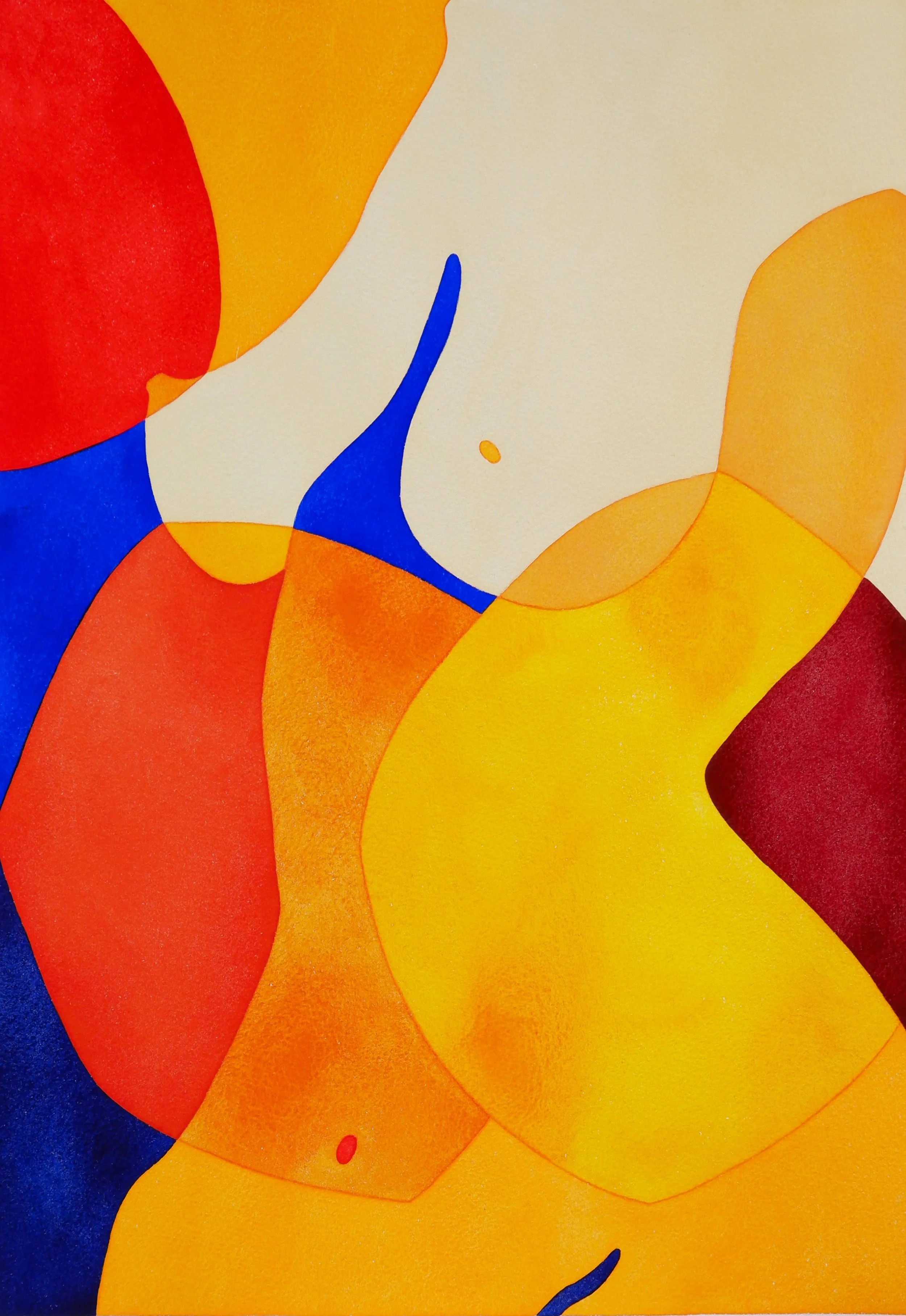 Un portrait abstrait avec des formes organiques colorées en rouge, orange, jaune, blanc et bleu.
