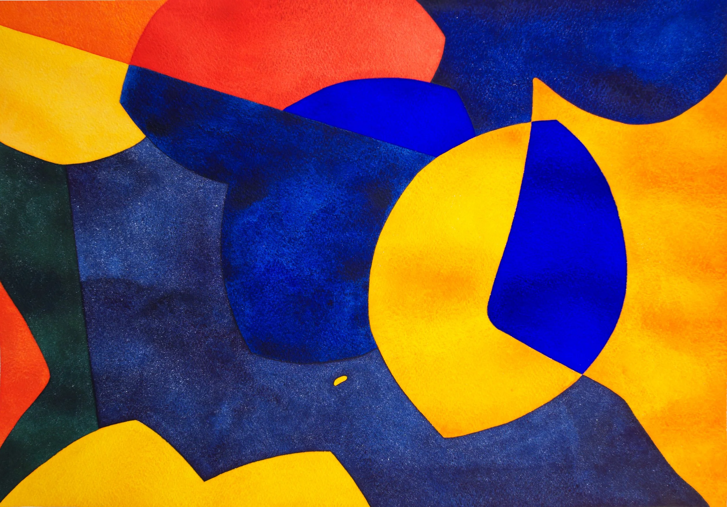 Abstraction colorée avec des formes géométriques en bleu, jaune, rouge, vert et orange.