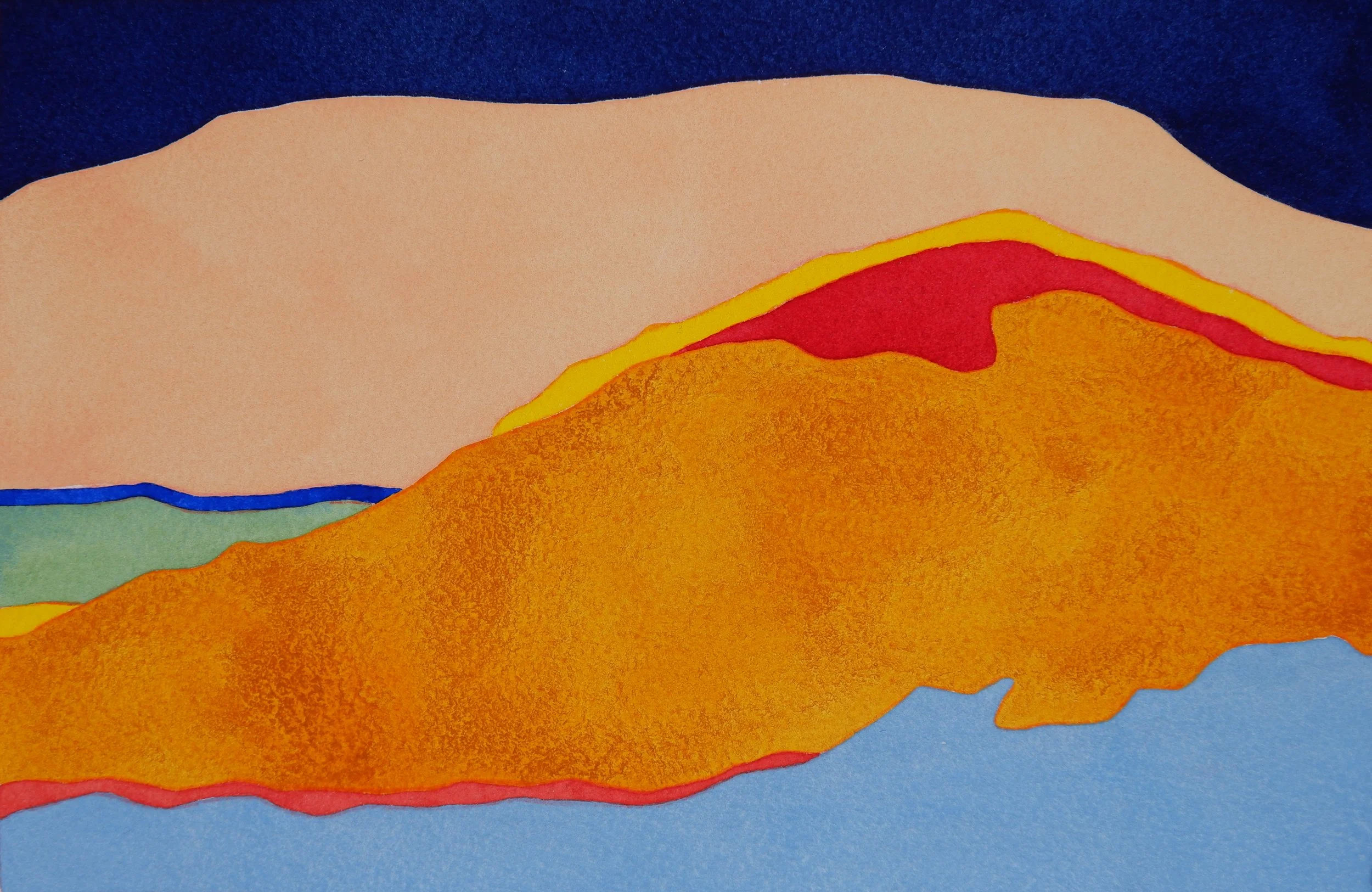 Une peinture abstraite avec des couches de couleurs vives telles que le bleu, le beige, le rouge, le jaune et l'orange.