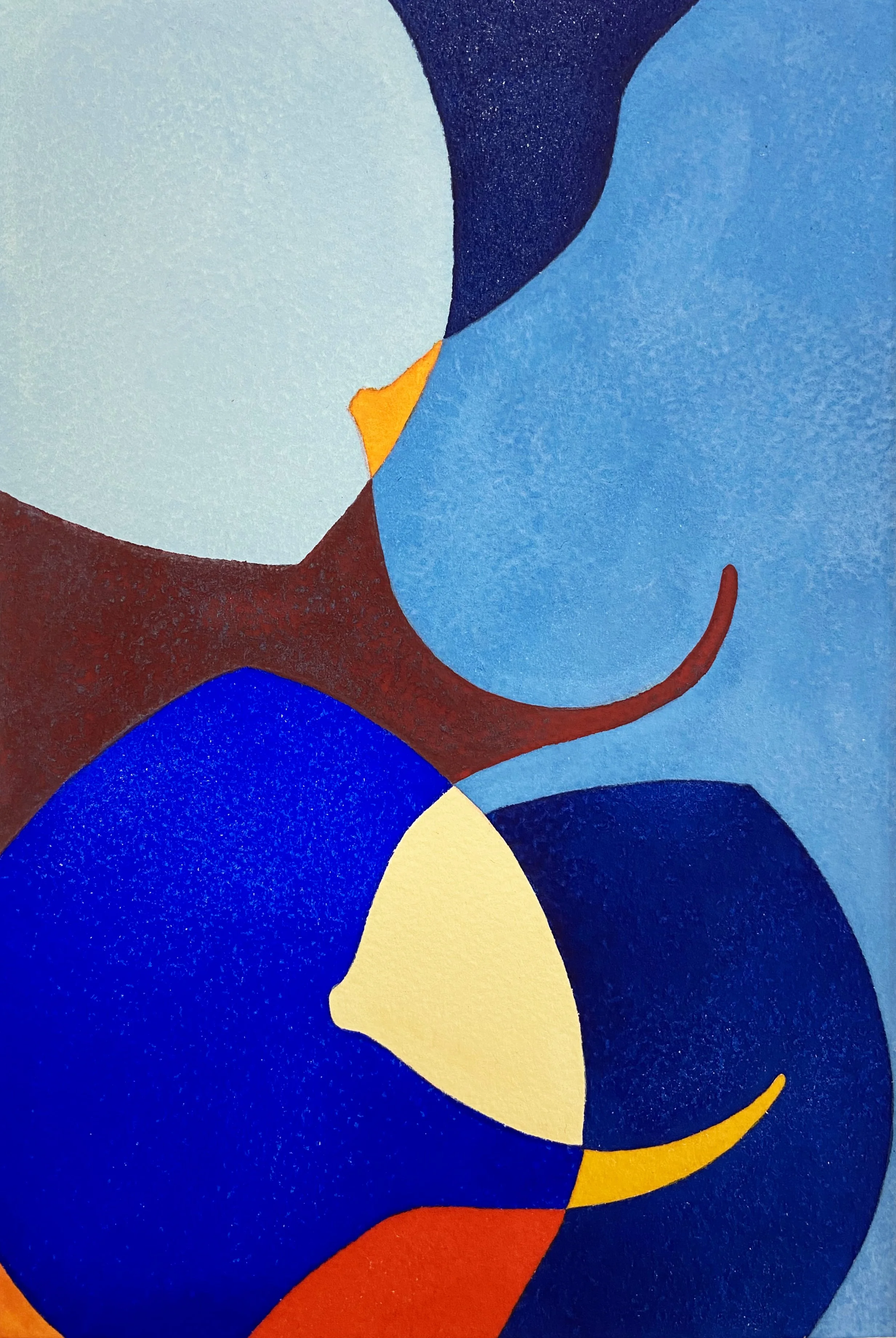 Une œuvre d'art abstraite utilisant des formes arrondies et des couleurs vives, dont bleu, jaune, rouge, et beige, avec un fond rouge foncé.