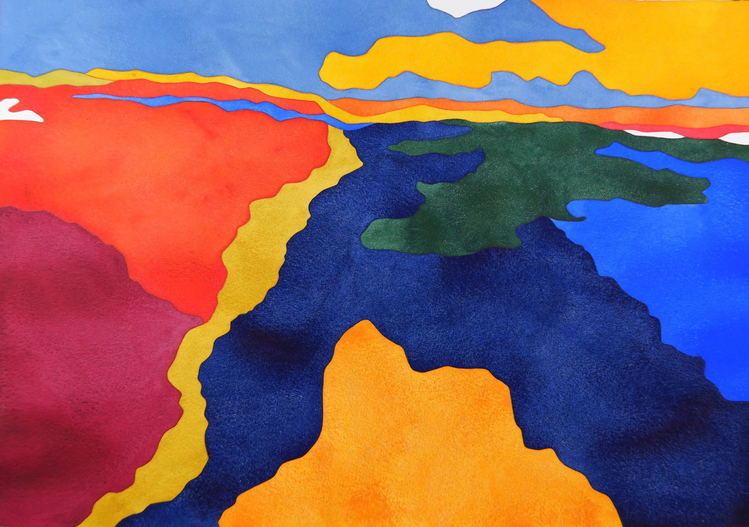 Peinture abstraite avec des formes colorées et des couches de peinture dans des tons bleu, vert, rouge, jaune, orange et blanc.