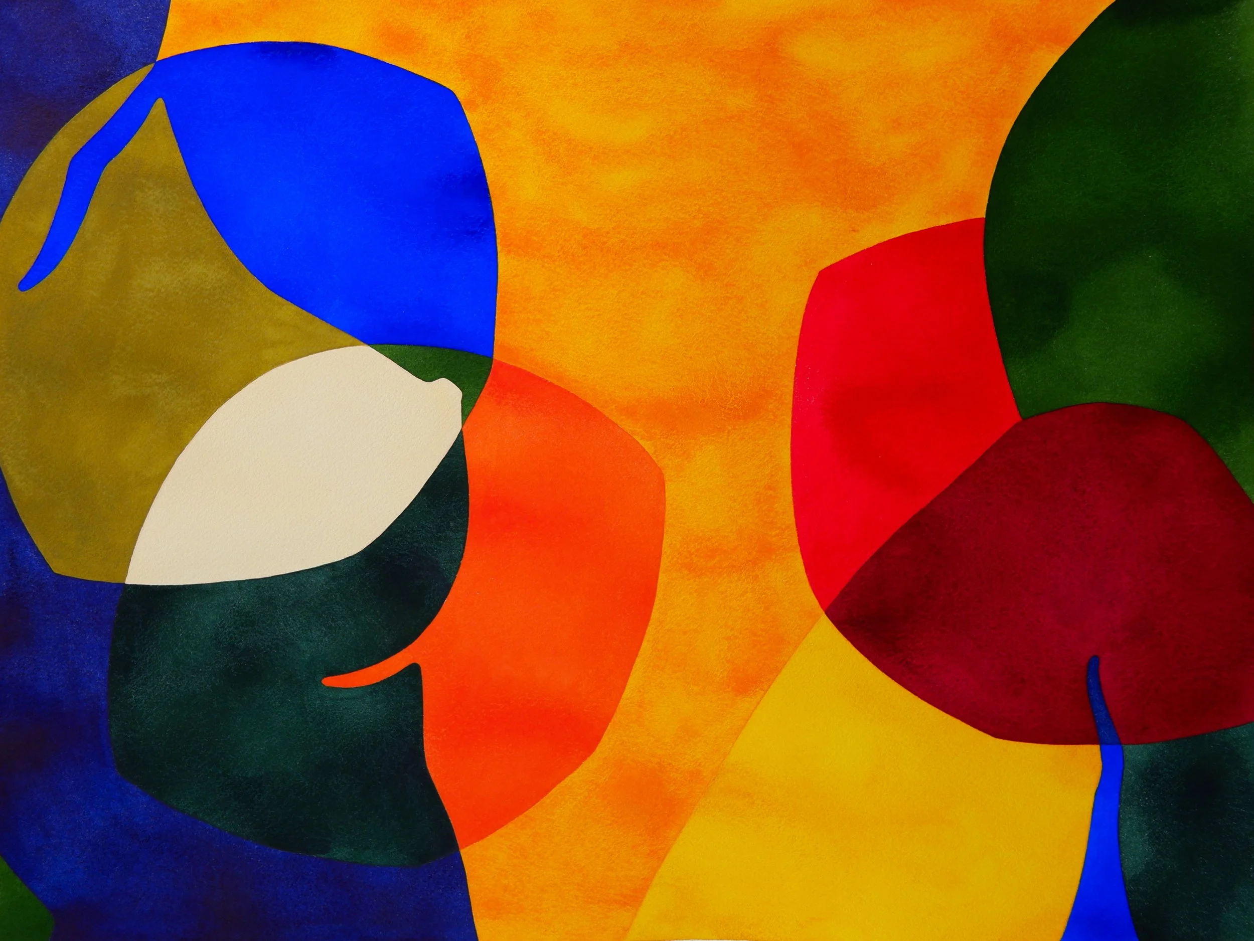 Un tableau abstrait avec des formes colorées vives telles que le bleu, le jaune, le rouge, le vert, le blanc et le noir, avec des contours flous et des textures mélangeant la peinture et l'aquarelle.