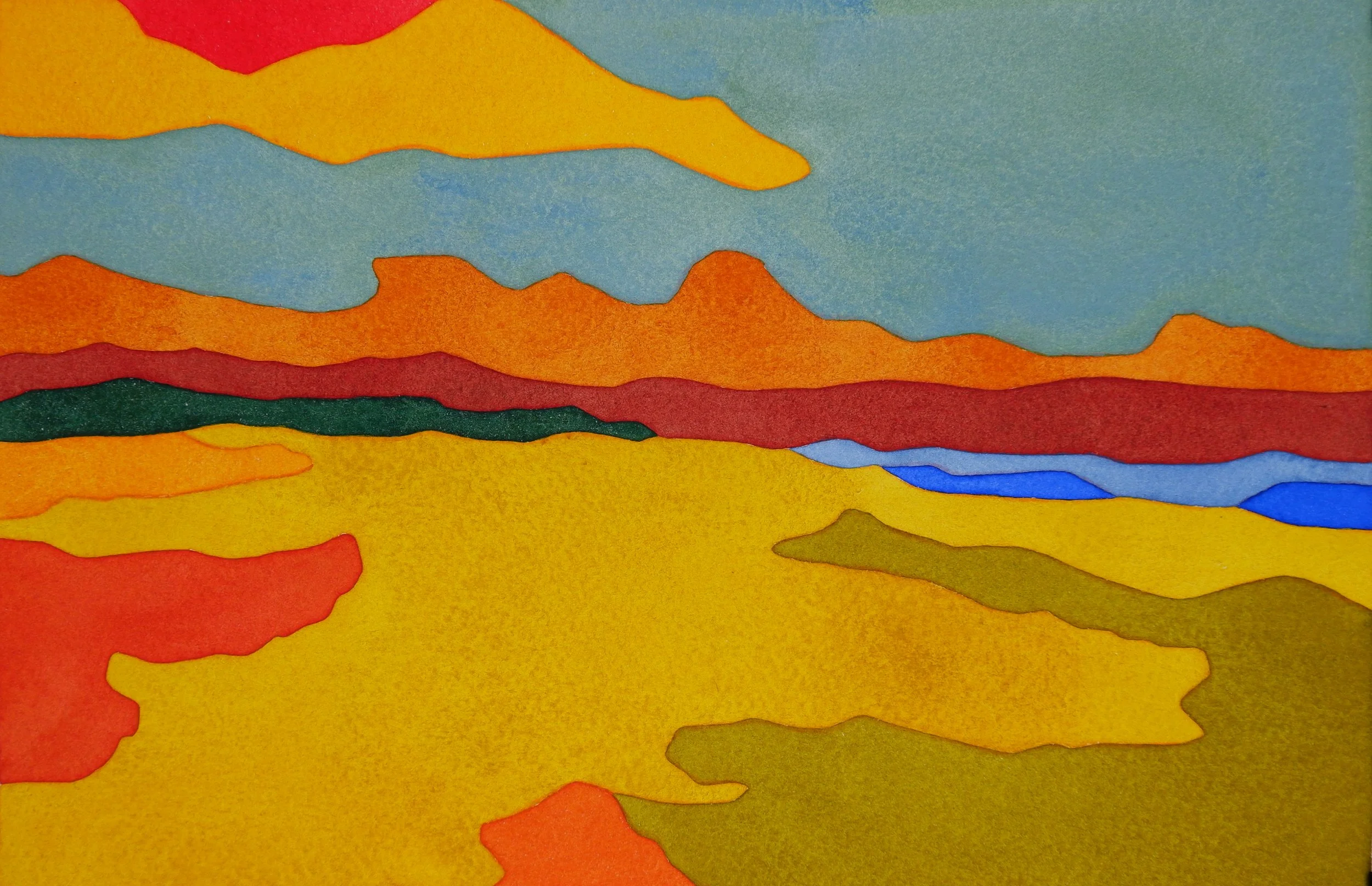 Une œuvre d'art abstraite avec des formes organiques aux couleurs chaudes telles que orange, rouge, jaune, et des touches de vert et de bleu, sur un fond principal jaune.
