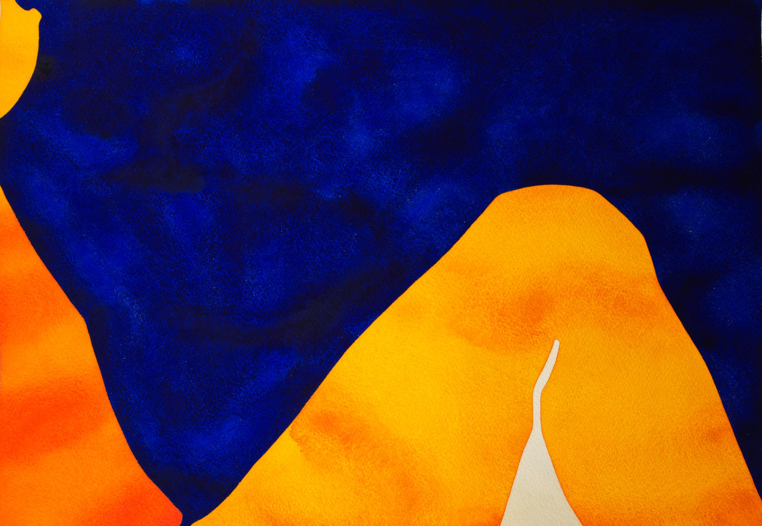 L'image montre une peinture abstraite avec des formes fluides et des couleurs vibrantes, principalement du bleu, de l'orange et du jaune.
