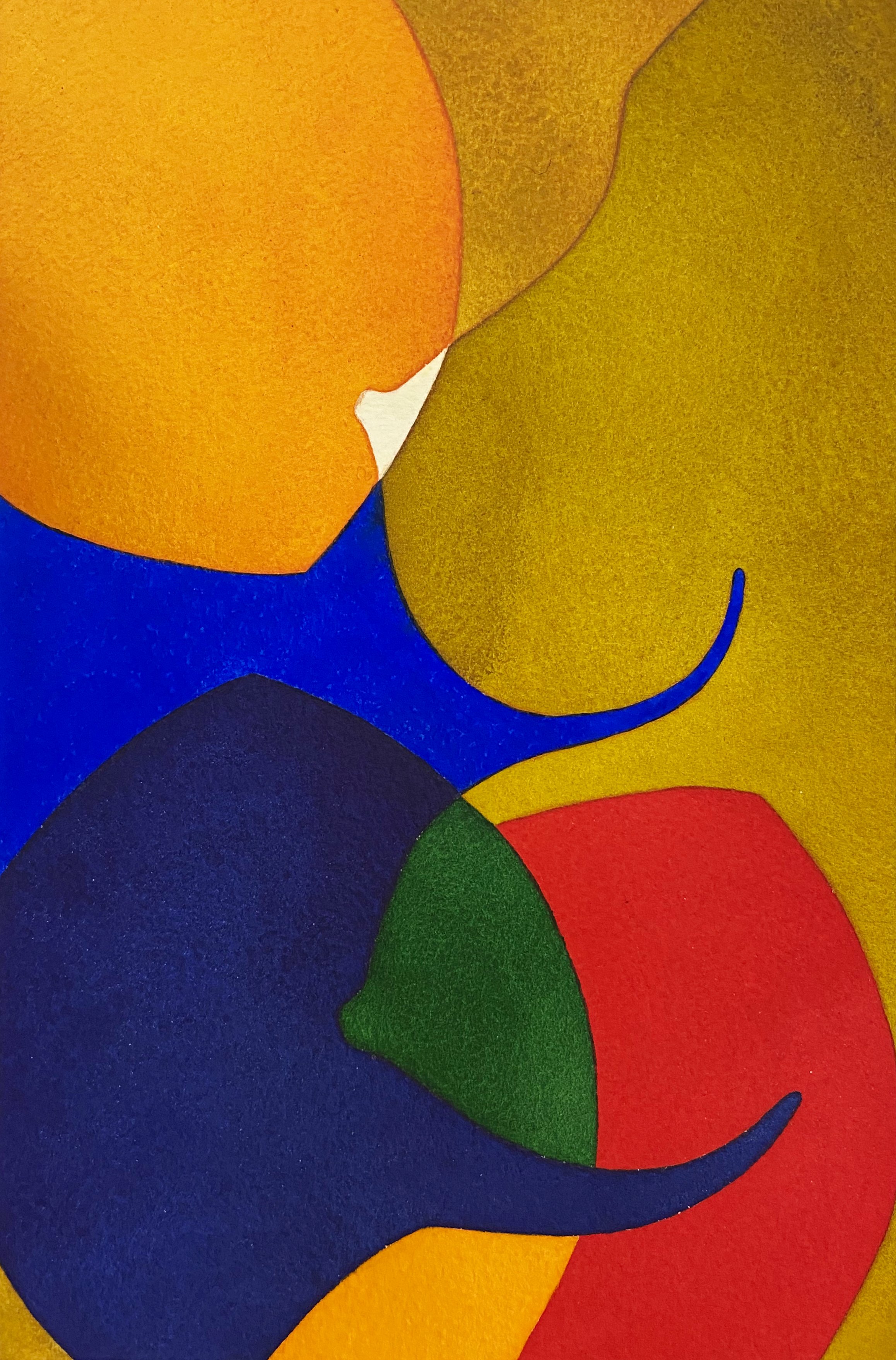 Un tableau abstrait coloré avec des formes arrondies en orange, jaune, bleu, vert et rouge.