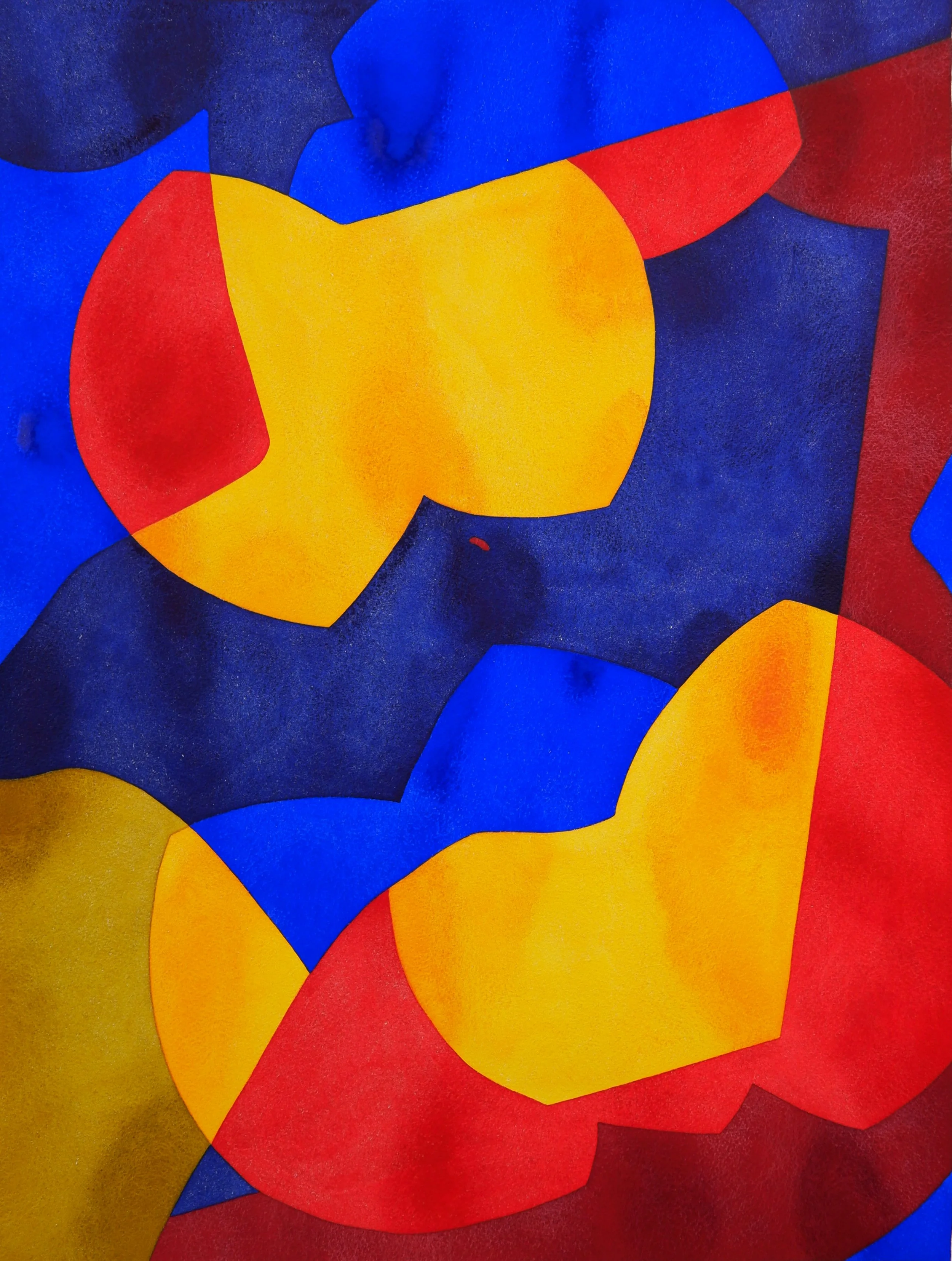 Tableau abstrait composé de formes géométriques colorées en rouge, jaune et bleu sur un fond de couleurs similaires.