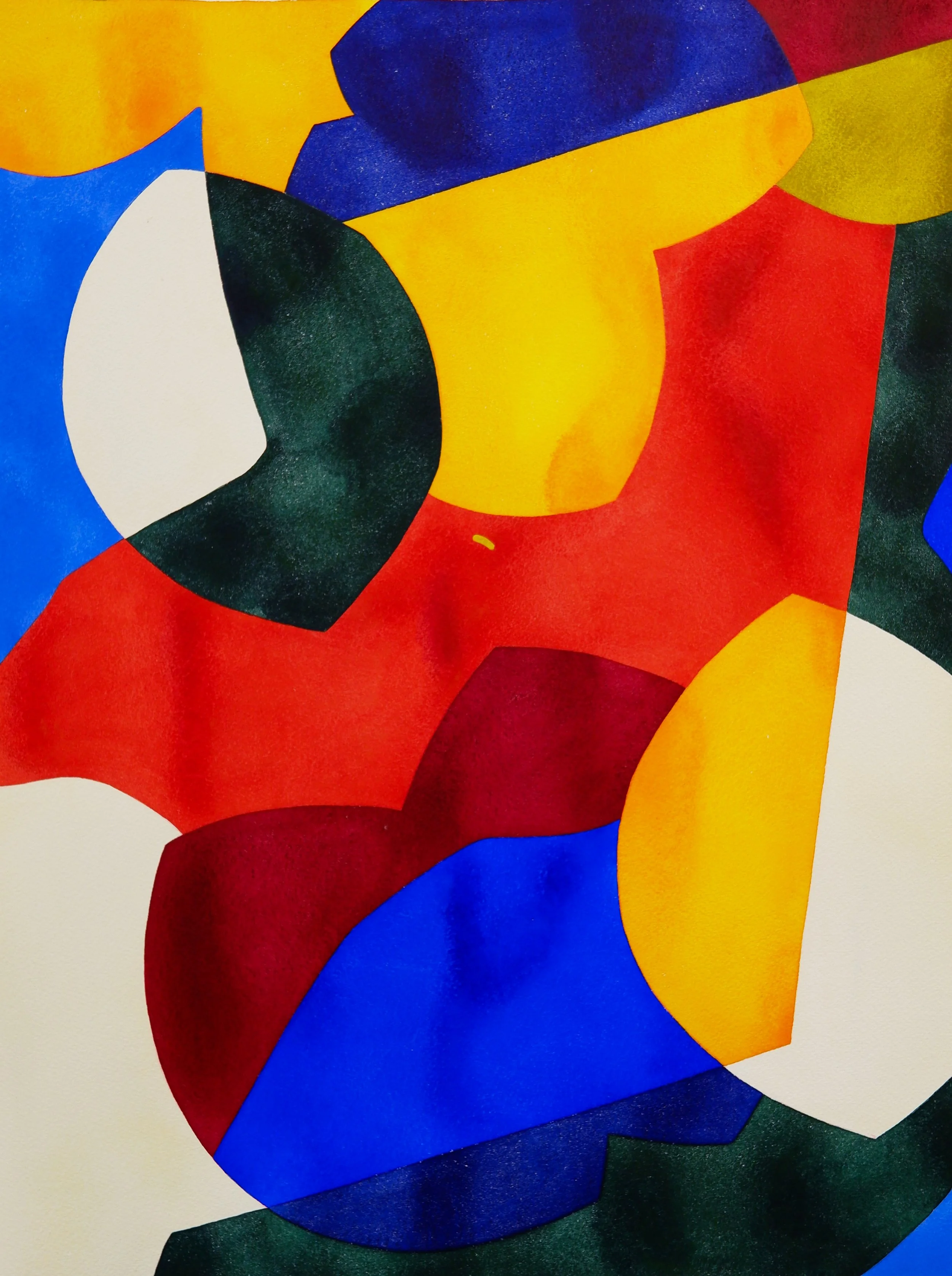 Composition artistique abstraite avec formes colorées en acrylique ou en dessin, comprenant des couleurs vives telles que le rouge, le bleu, le jaune, le vert, et des formes arrondies ou géométriques, sans motifs précis ou scène identifiable.