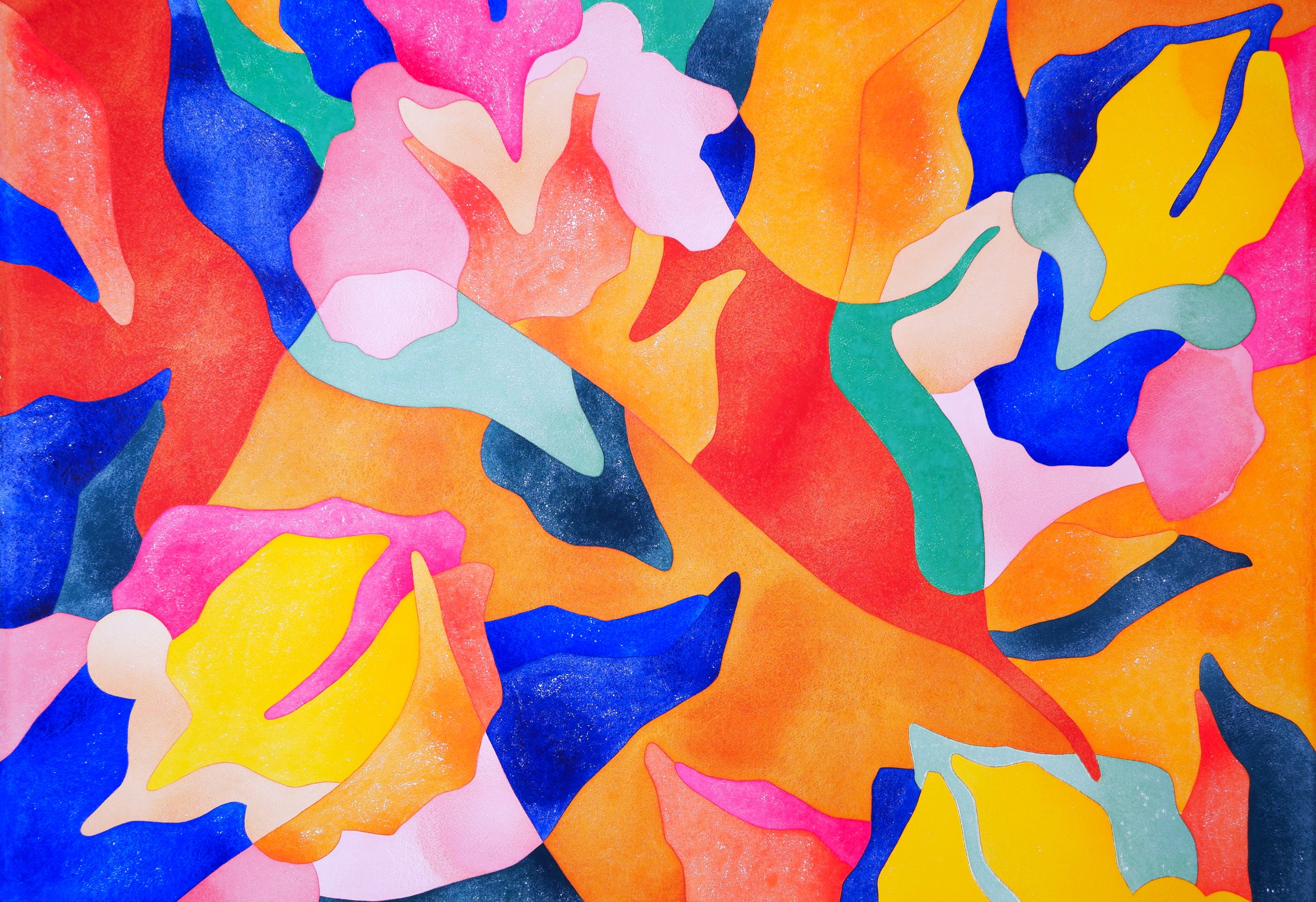 Une œuvre d'art abstraite aux couleurs vives avec des formes organiques et des touches de rose, orange, bleu, vert, jaune, et blanc.