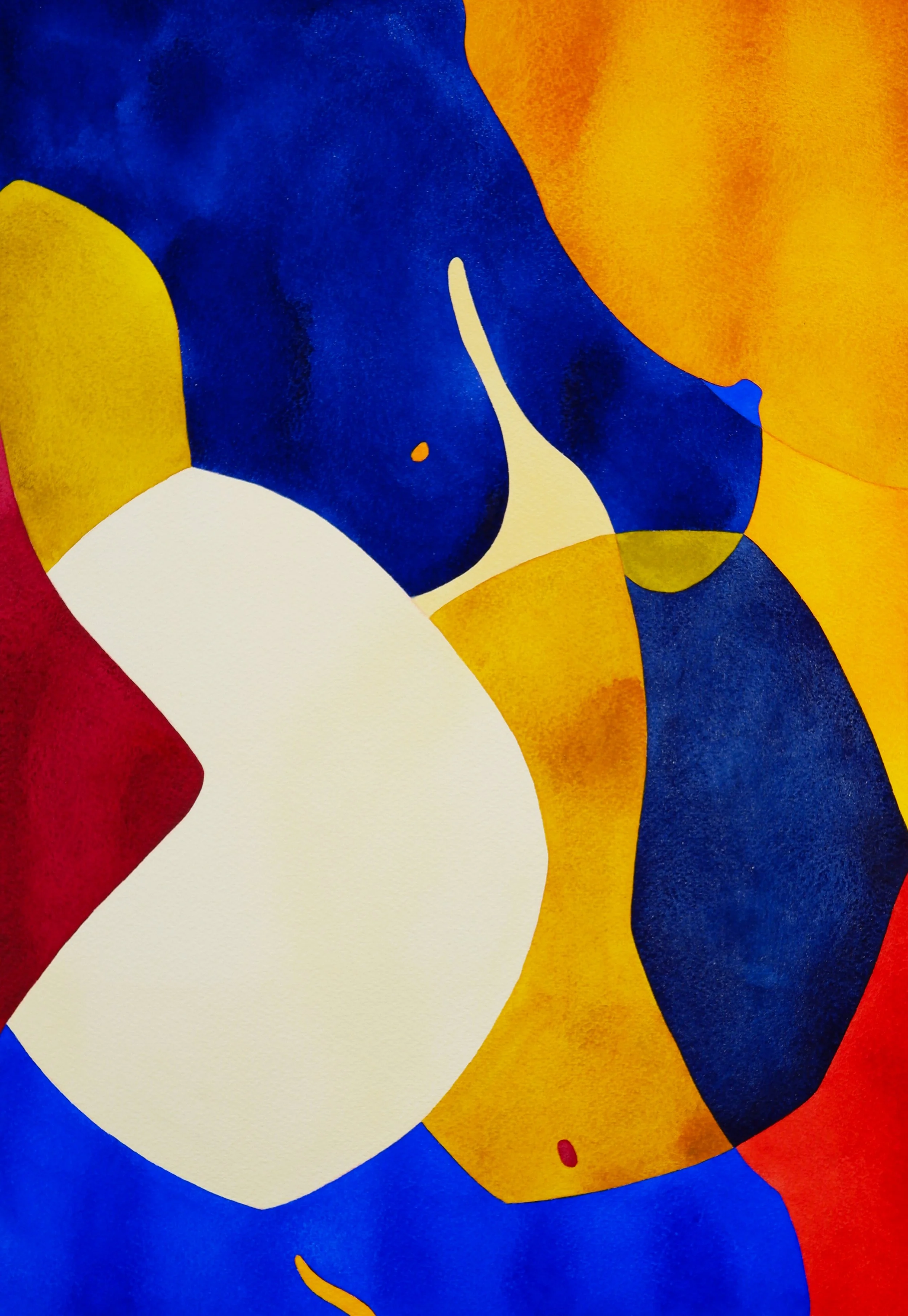 Une œuvre d'art abstraite avec des formes fluides de couleurs bleu, jaune, rouge et blanc.