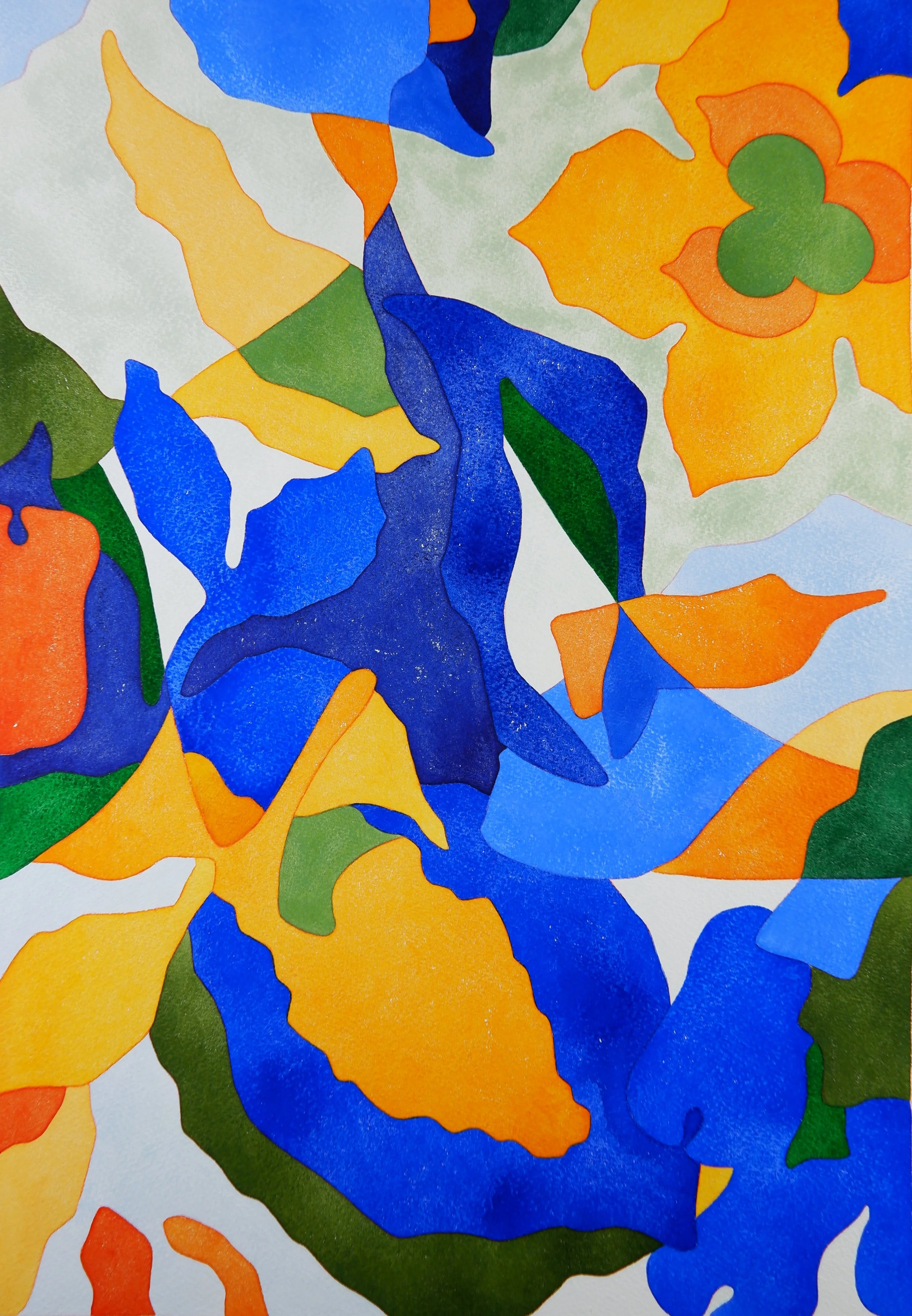 Une peinture abstraite avec des formes organiques en bleu, orange, vert et blanc.