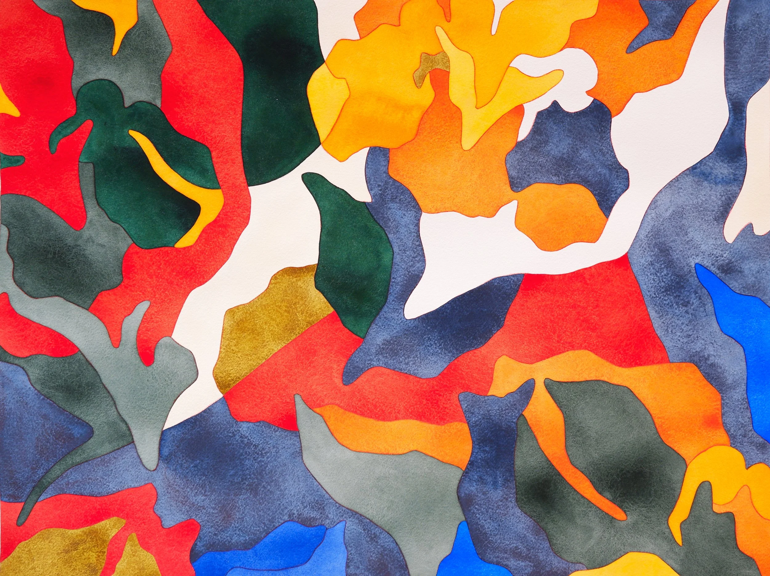 Une peinture abstraite avec des formes colorées en rouge, vert, orange, bleu, jaune, et gris, représentant un motif organique