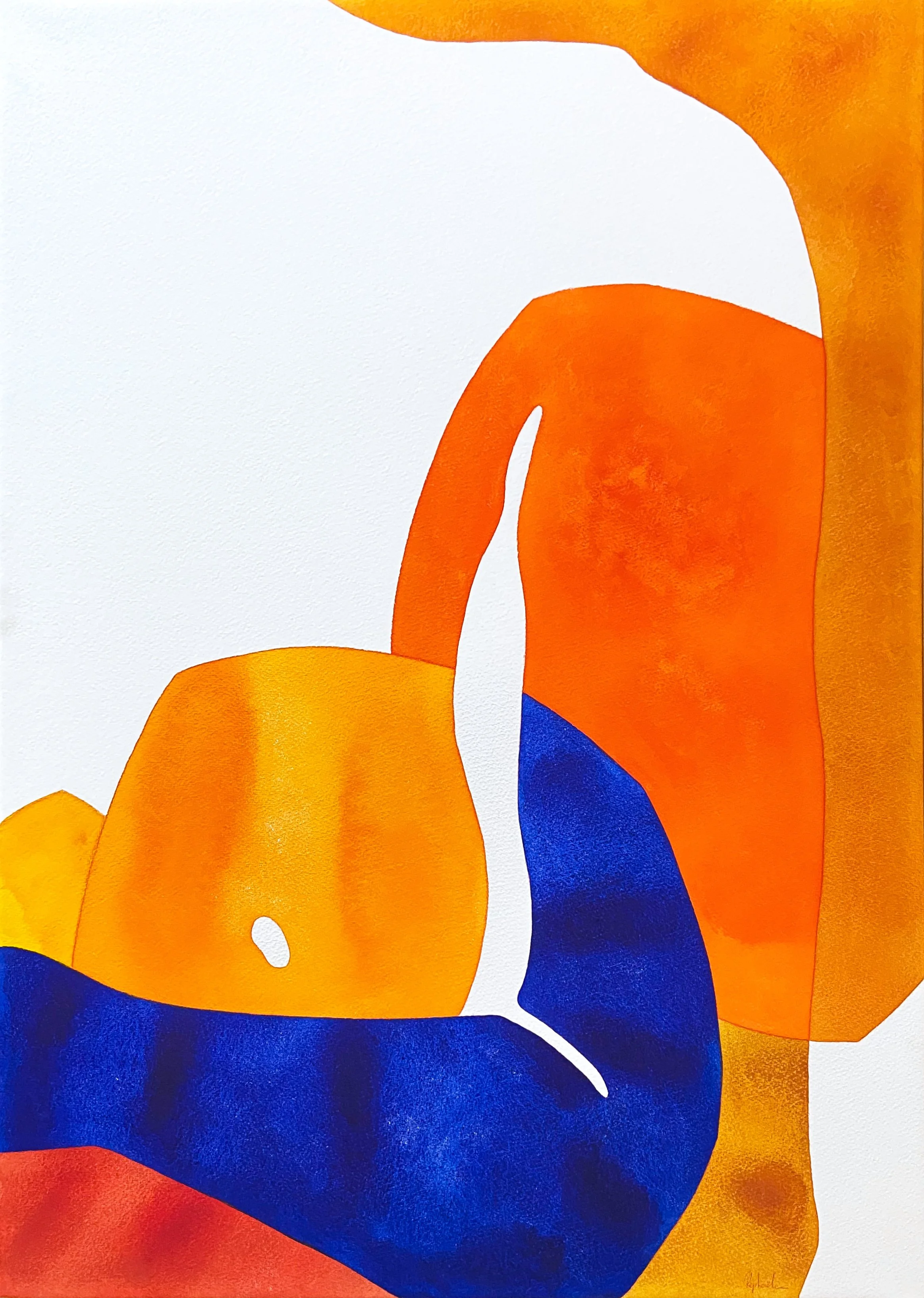 Peinture abstraite avec des formes organiques en couleurs vives telles que le orange, le bleu, le rouge et le jaune, avec un fond blanc. La composition évoque un visage stylisé ou une silhouette humaine.
