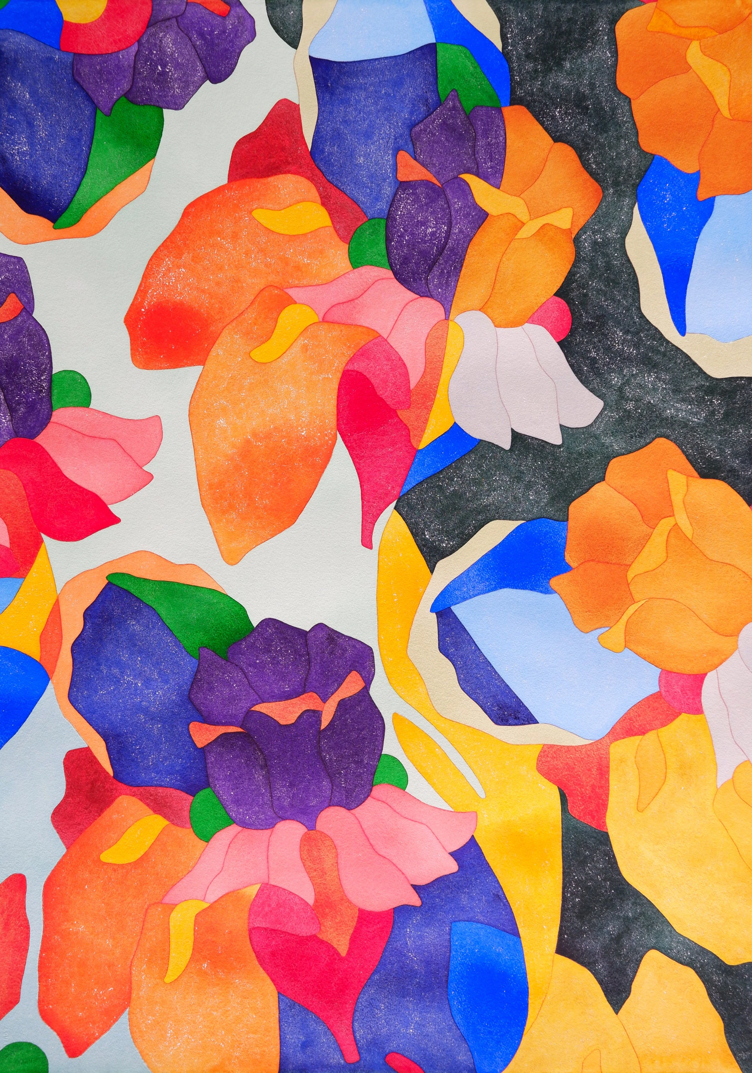 Une œuvre d'art abstraite composée de formes colorées en orange, violet, vert, bleu, rose, noir et beige, avec des textures variées et des contours fluides.