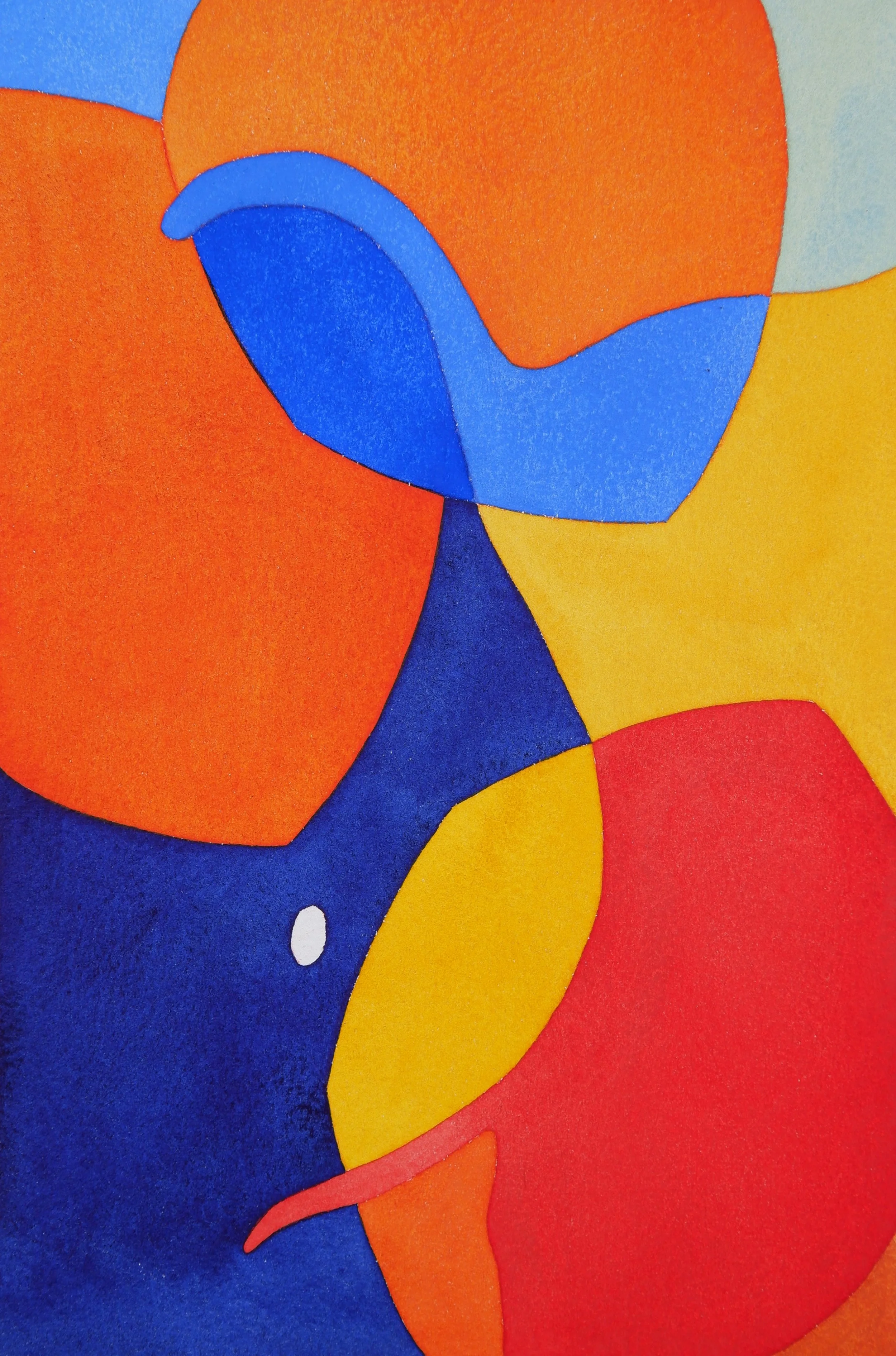 Une œuvre d'art abstraite avec des formes et des couleurs vives, principalement orange, bleu, jaune, rouge et blanc, avec un fond bleu foncé.