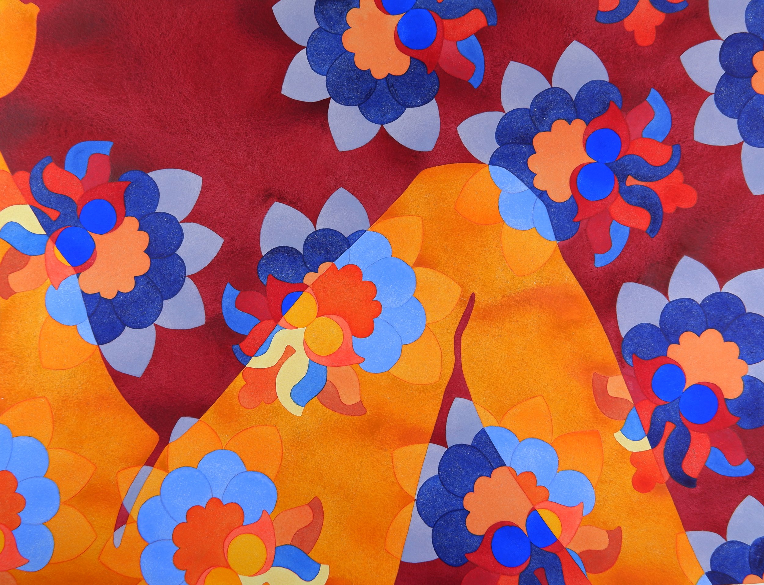 Fleurs colorées en papier découpé, avec des couleurs vives comme le bleu, l'orange et le rouge, sur un fond rouge et jaune.