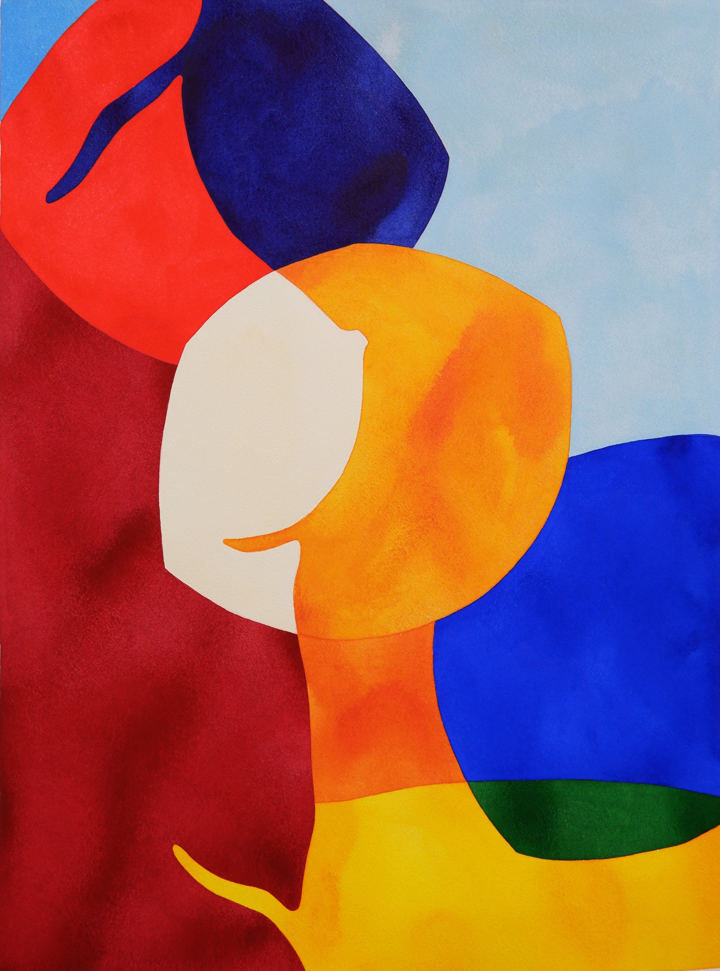 Une illustration abstraite avec des formes fluides en couleurs rouge, orange, jaune, vert, bleu, et blanc, évoquant une composition artistique contemporaine.