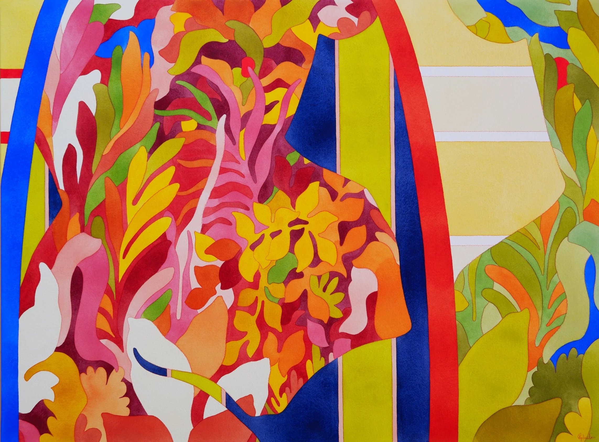 Une peinture abstraite avec des formes colorées et des lignes vibrantes, comprenant principalement des couleurs vives telles que le rouge, le jaune, le vert, le bleu, l'orange, et le rose.