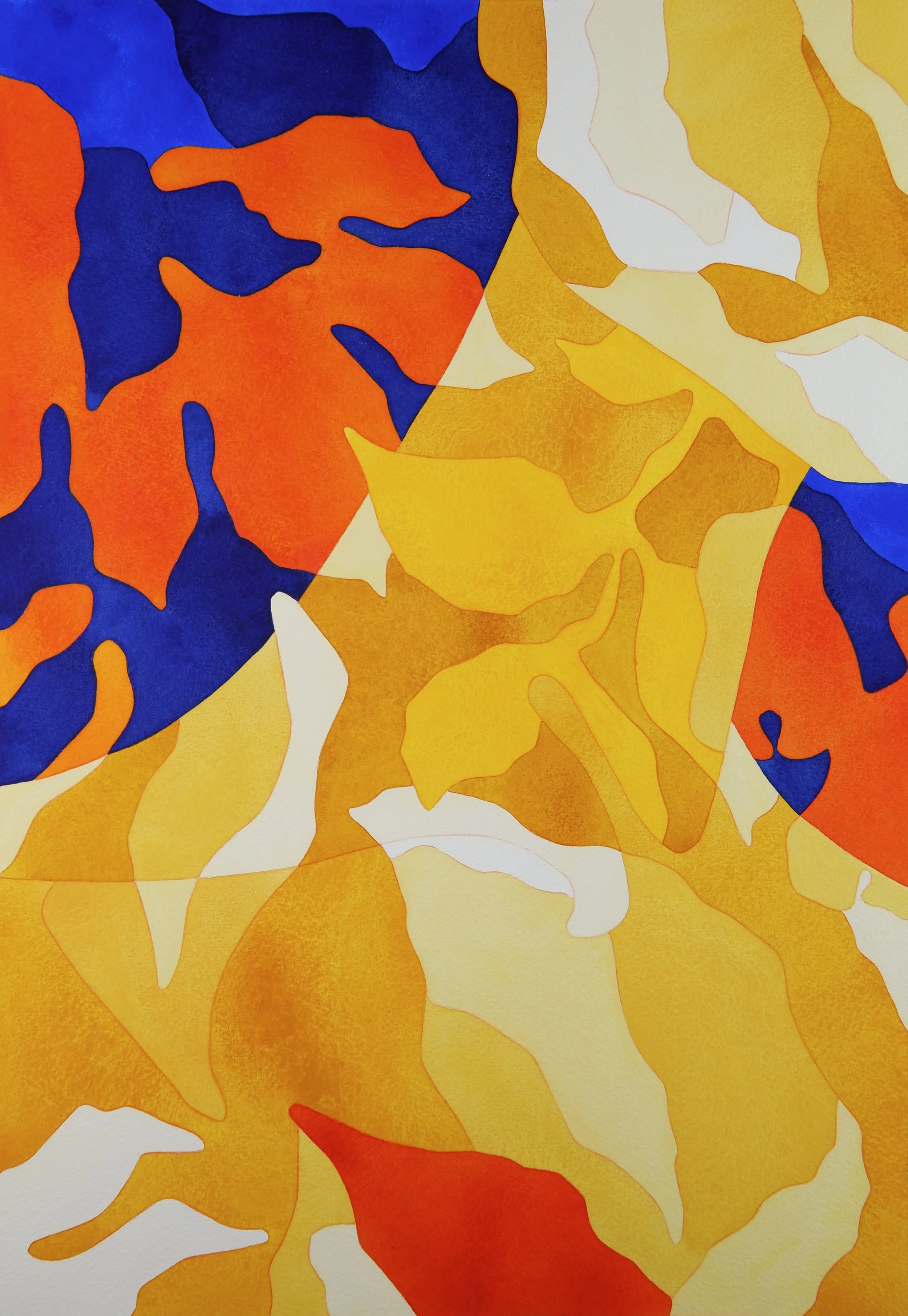 Une peinture abstraite avec des formes fluides et des couleurs chaudes comme le jaune, l'orange, et le rouge, avec quelques touches de bleu.