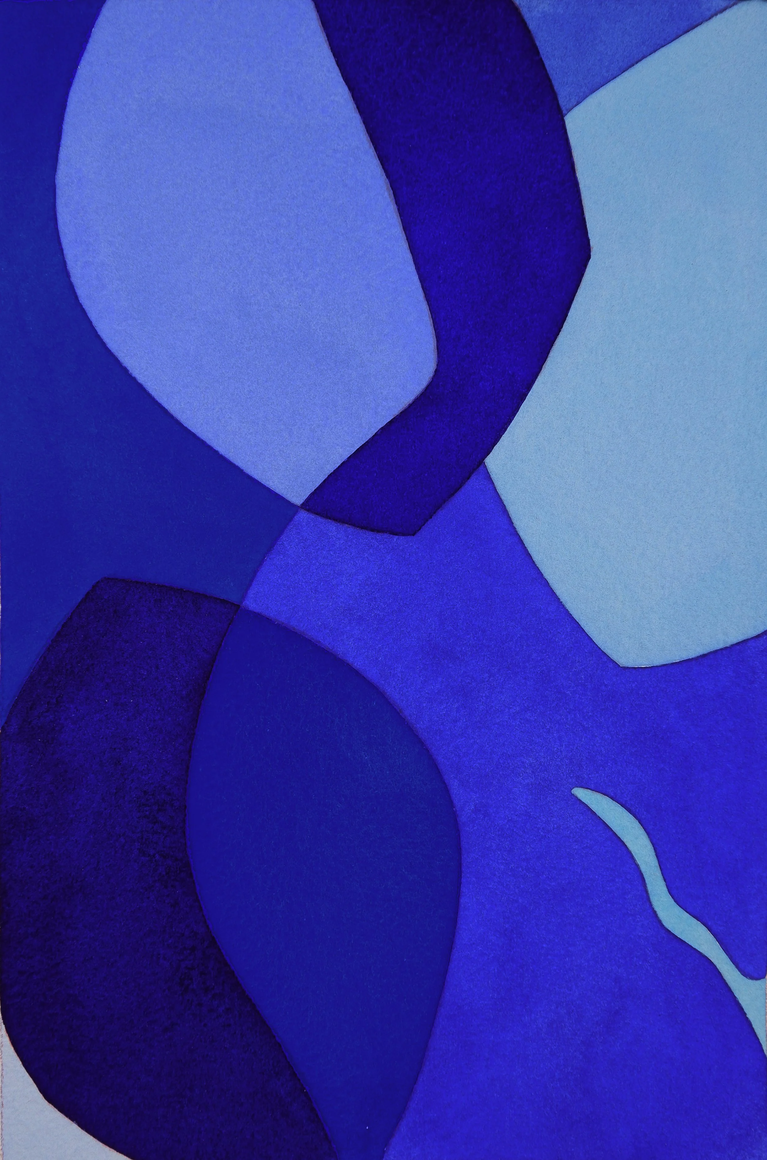 Une œuvre d'art abstraite composée de formes organiques et de couleurs bleues, violet foncé et violet clair, avec certains contours et zones de dégradé.