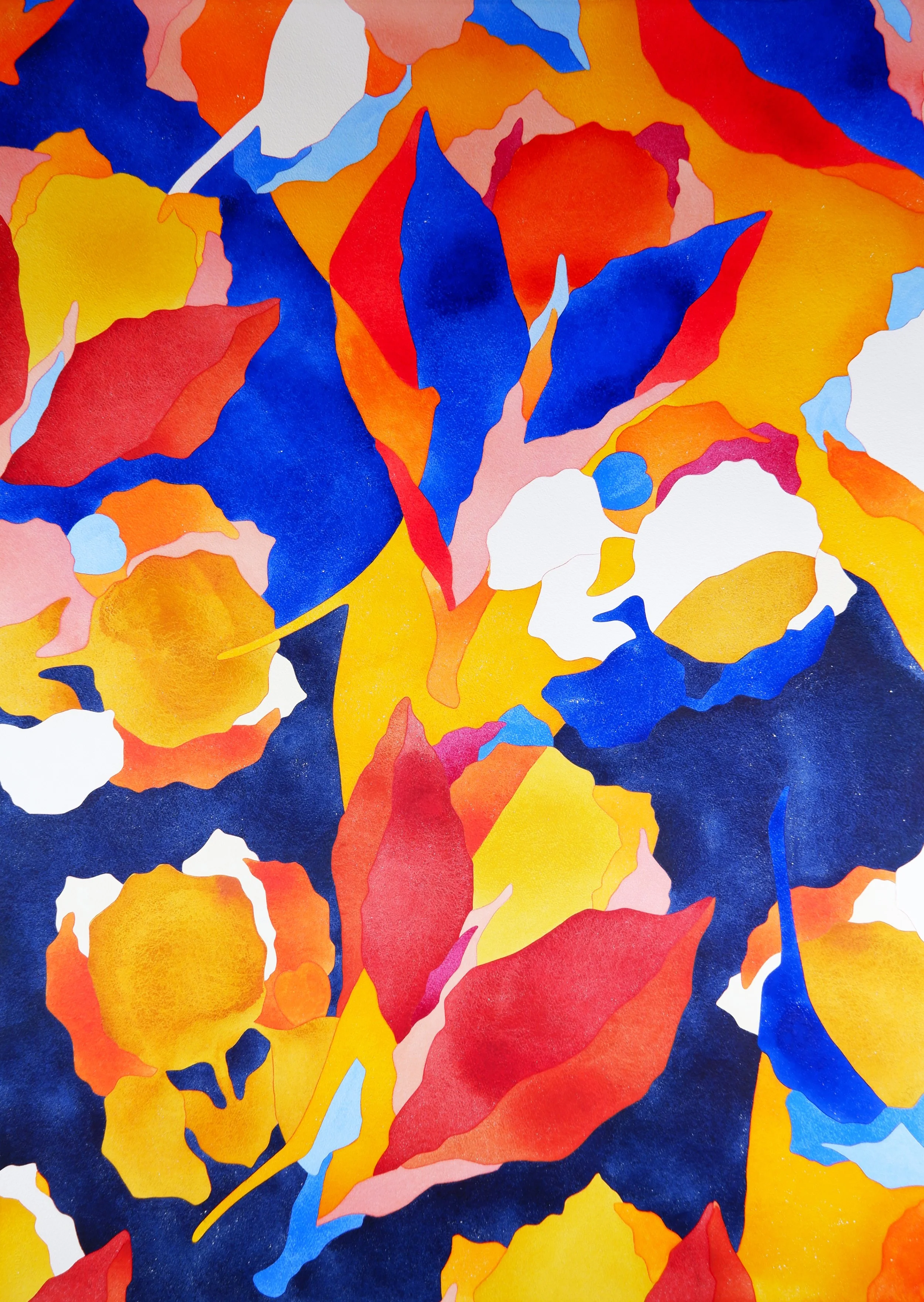 Peinture abstraite aux couleurs vives comprenant principalement du bleu, du rouge, de l'orange, du jaune, du rose et du blanc avec des formes organiques et fluides.