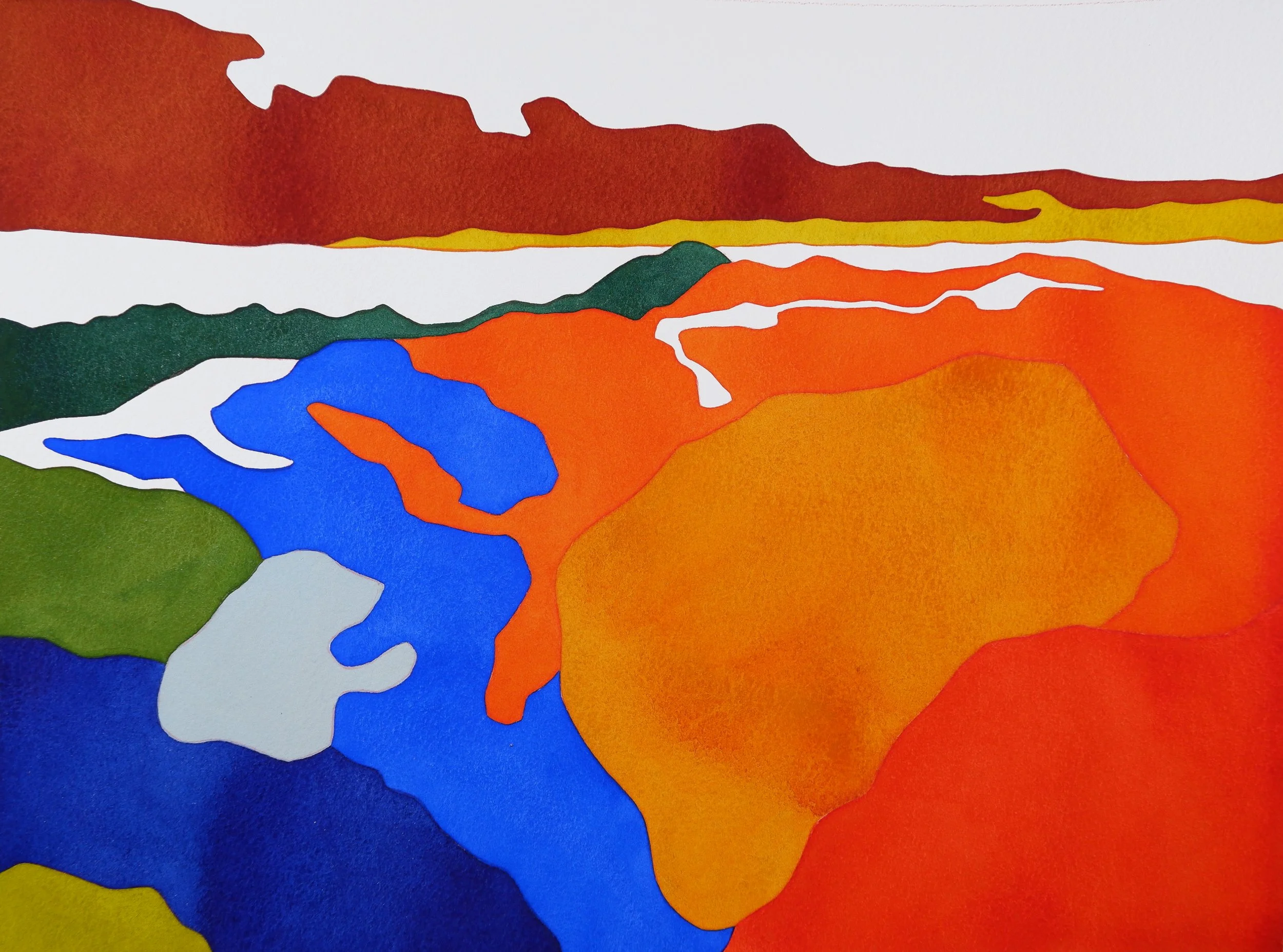 Une œuvre d'art abstraite composée de formes colorées en papier découpé, représentant diverses couleurs dont rouge, orange, vert, bleu, et blanc.