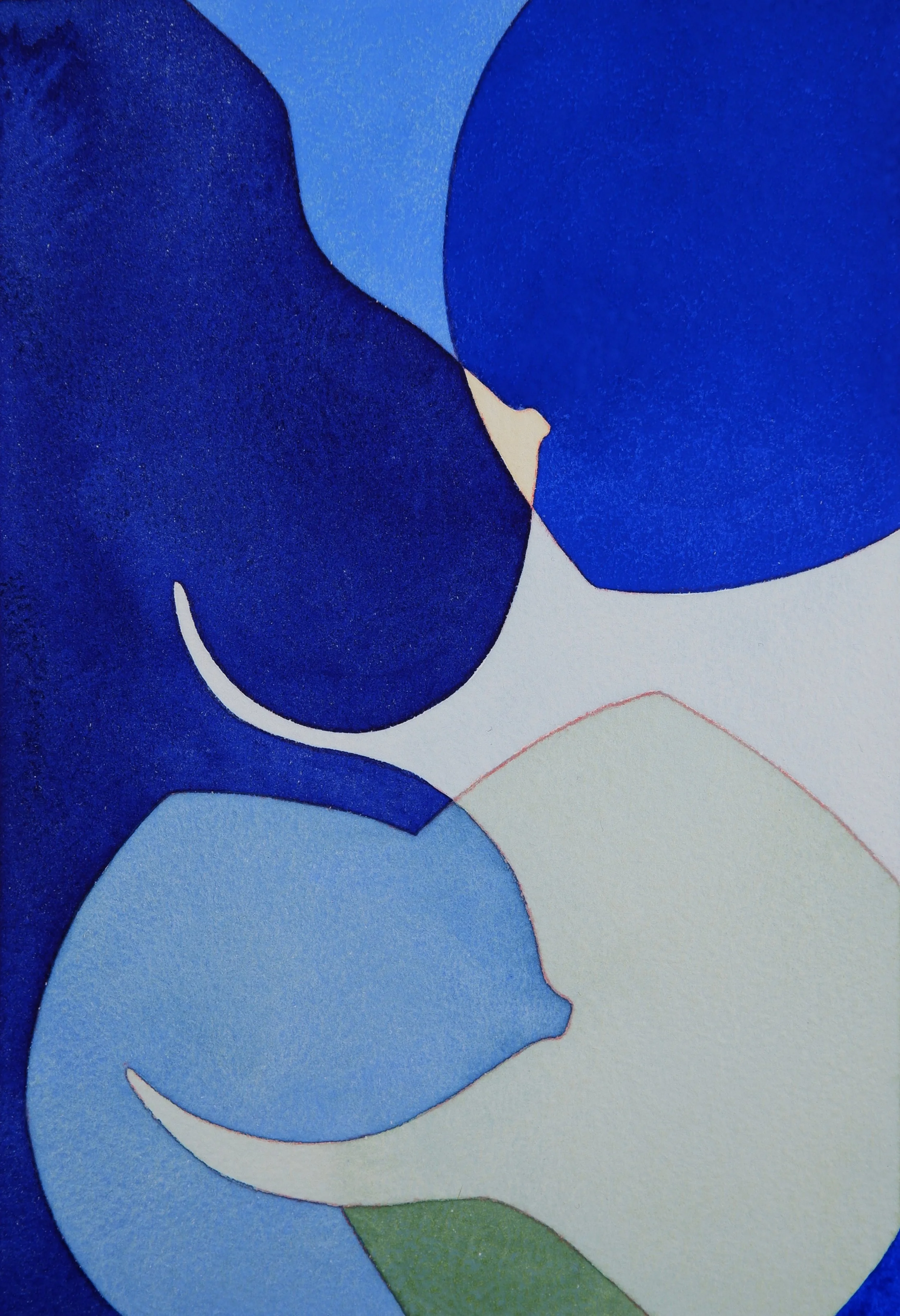 Tableau abstrait avec des formes ondulées et des couleurs bleu, vert, beige, blanc et rouge, ressemblant à des vagues ou des formes organiques.