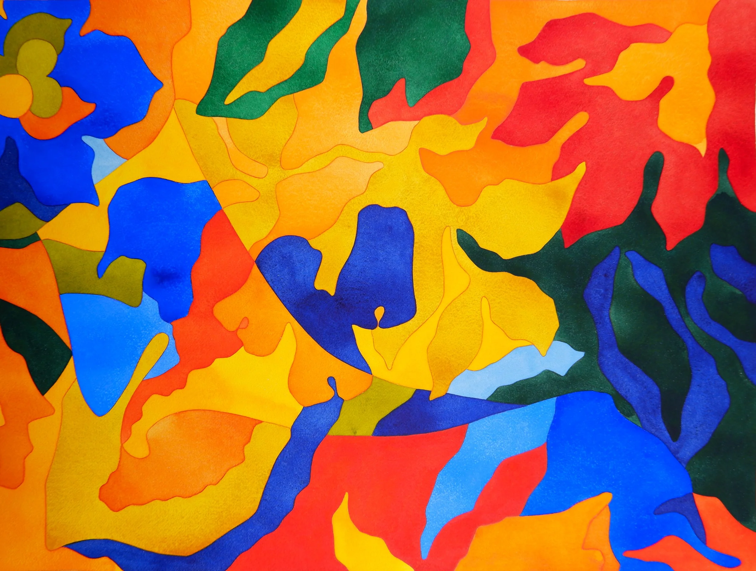 Une peinture abstraite colorée composée de formes fluides en rouge, bleu, vert, jaune, orange et noir.