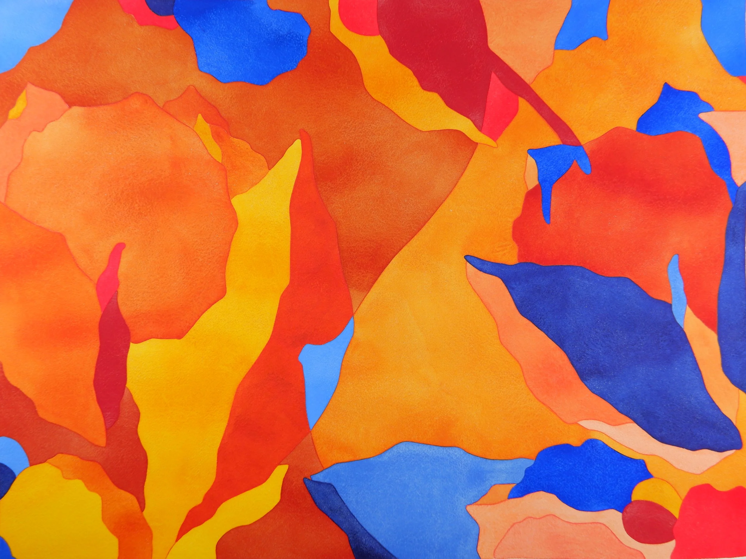 Une peinture abstraite avec des formes fluides et des couleurs vives comme le orange, le rouge, le bleu et le jaune.