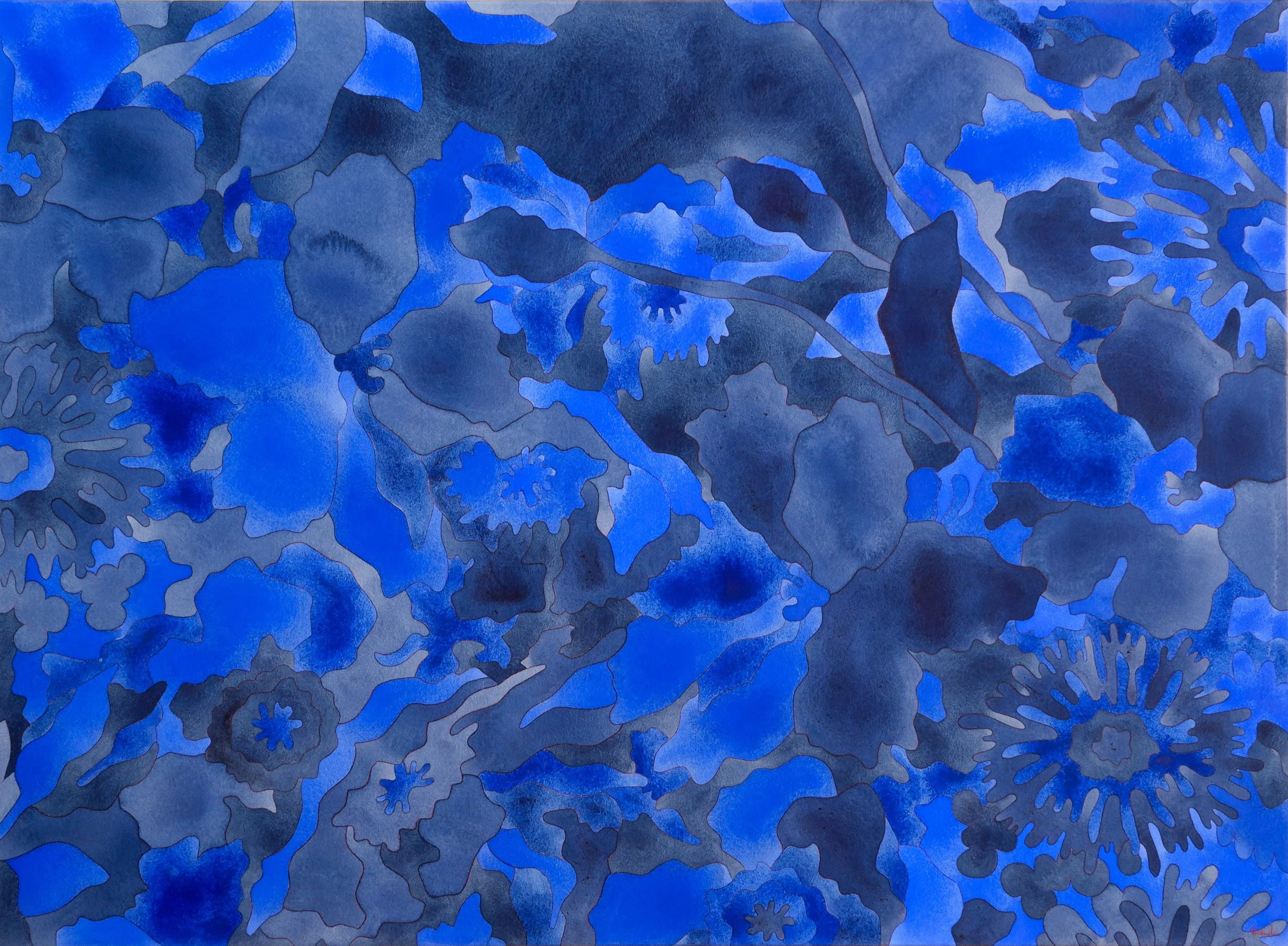 Une peinture abstraite principalement en nuances de bleu avec des formes organiques et florales stylisées.