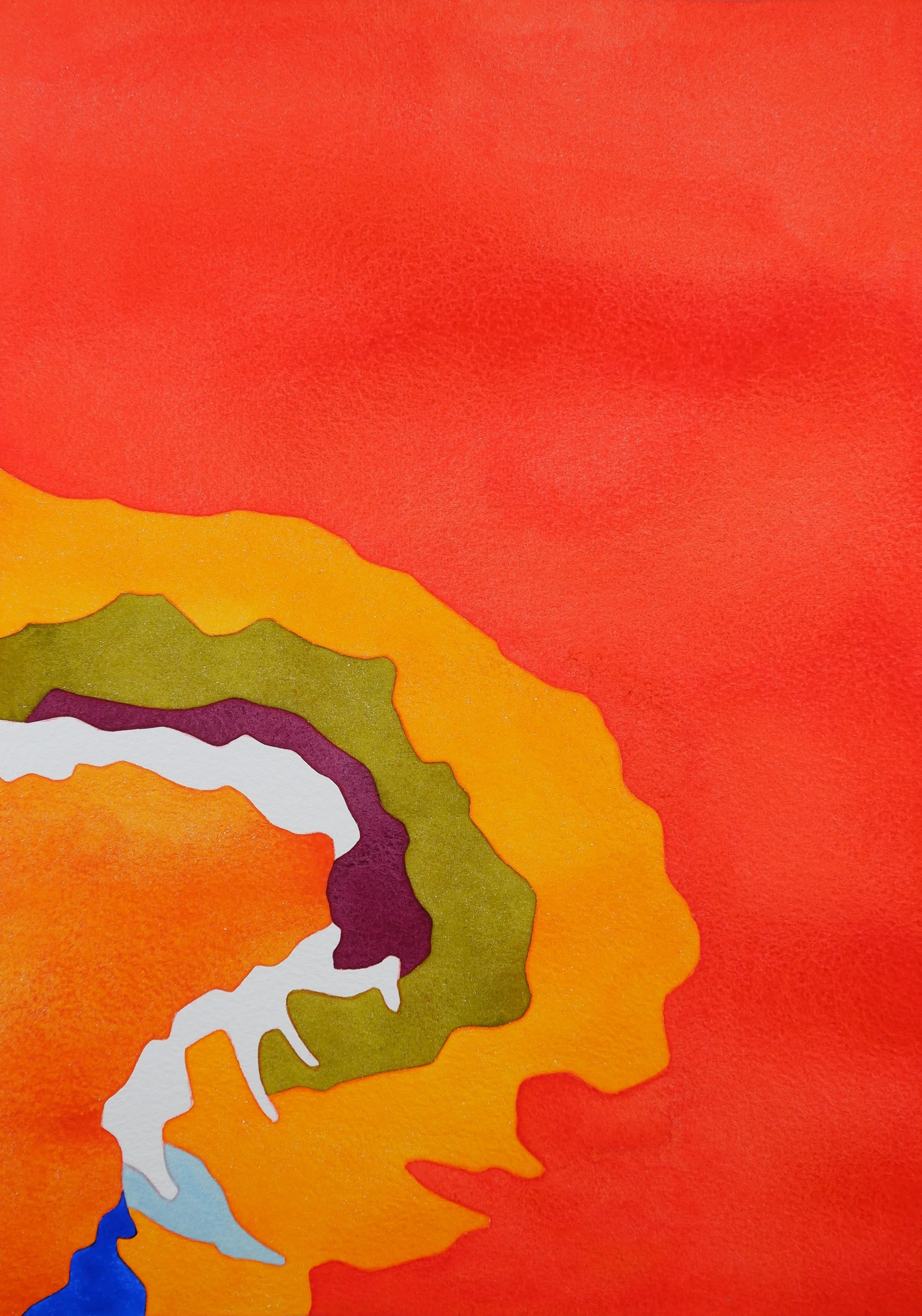 Illustration de plusieurs calques de papier de couleur orange, vert, violet, blanc, bleu, et rouge avec un fond rouge
