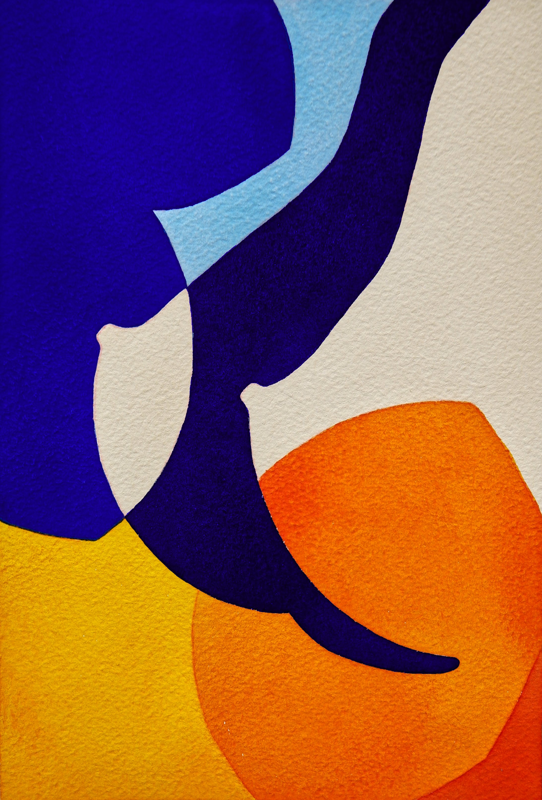 Une peinture abstraite avec des formes géométriques colorées, principalement en bleu, orange, jaune et blanc, avec des contours noirs.