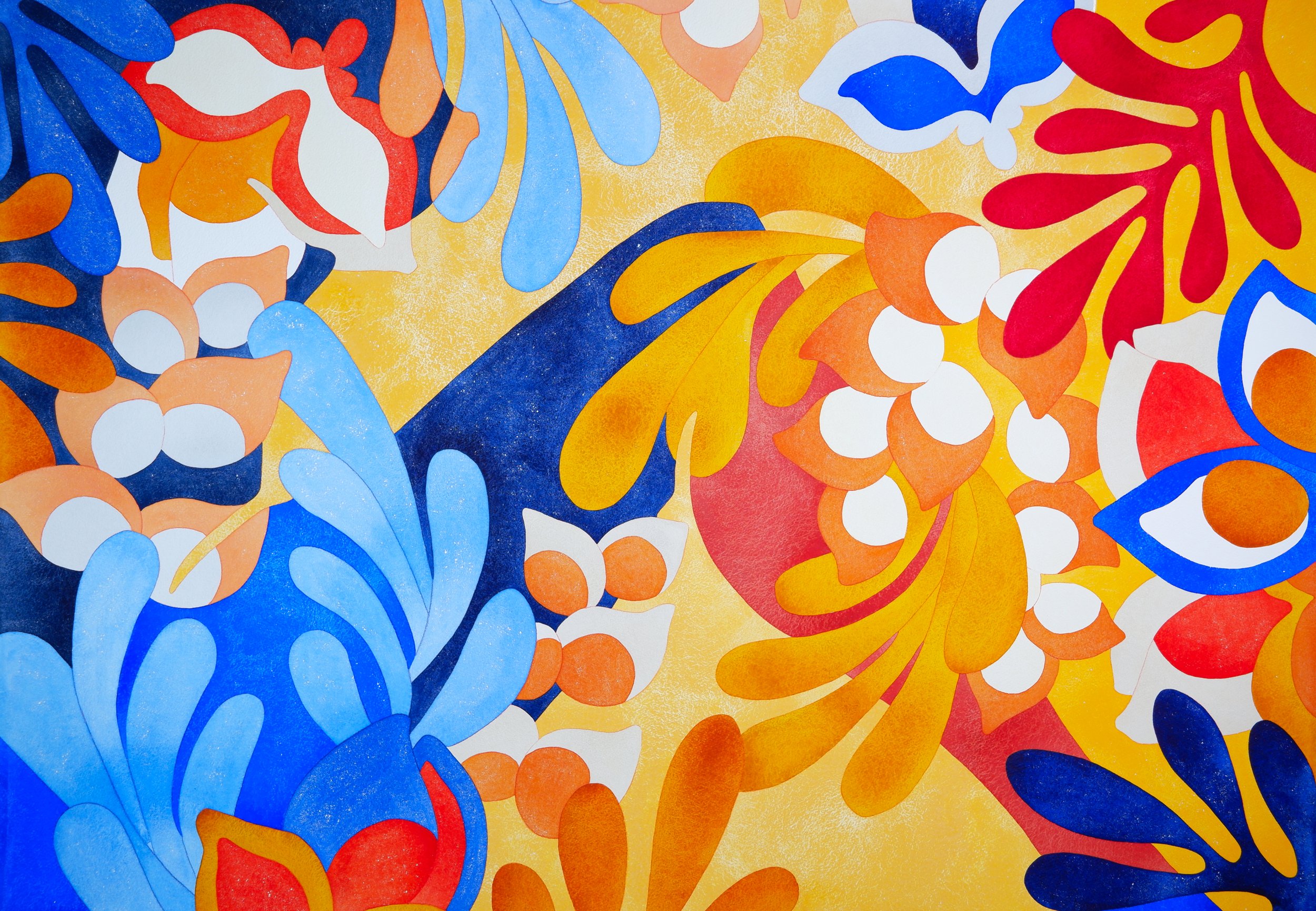 Une peinture abstraite colorée avec des formes fluides en bleu, orange, rouge, blanc et jaune.