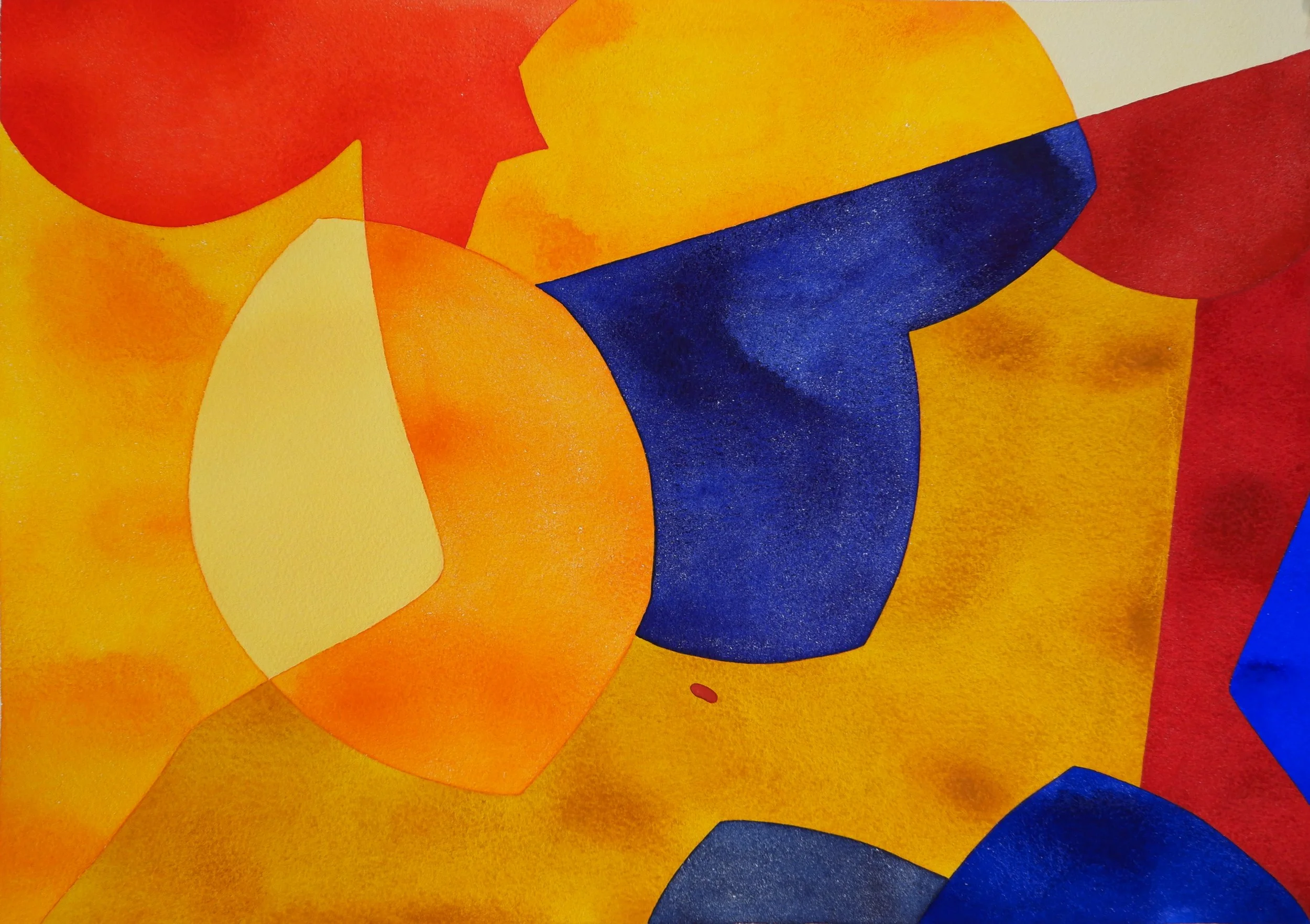 Tableau abstrait avec des formes colorées en rouge, jaune, orange, bleu et violet.