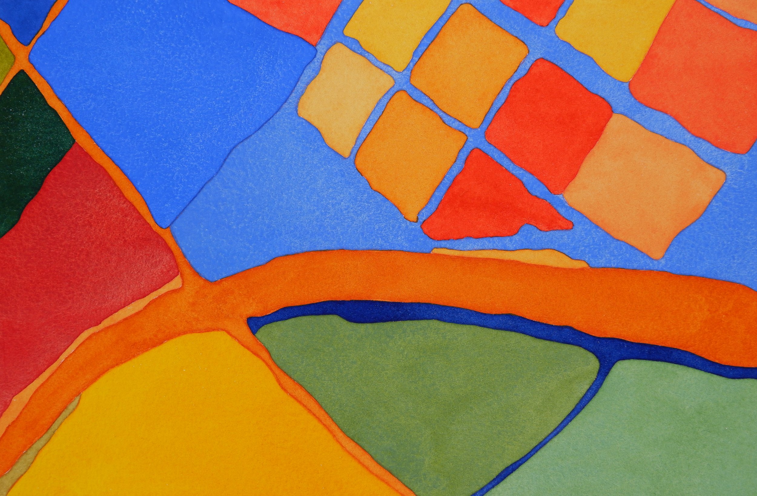Une œuvre d'art colorée composée de formes géométriques remplies de couleurs vives, notamment du bleu, de l'orange, du rouge, du vert et du jaune, séparées par des lignes fines.