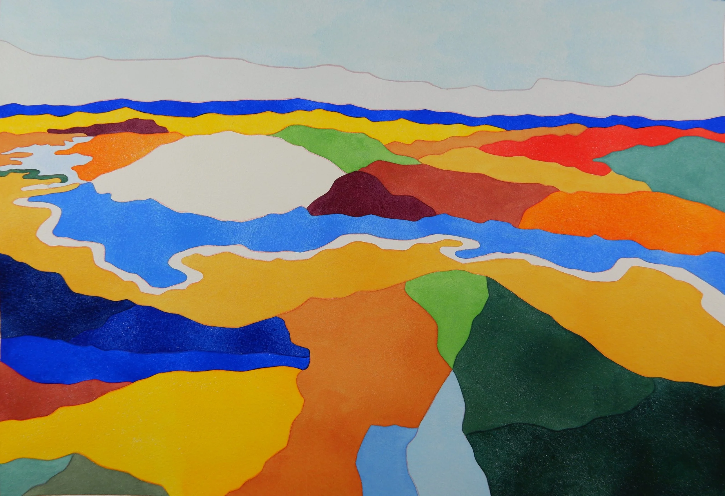 Paysage coloré avec des collines, des rivières et un ciel avec nuages.