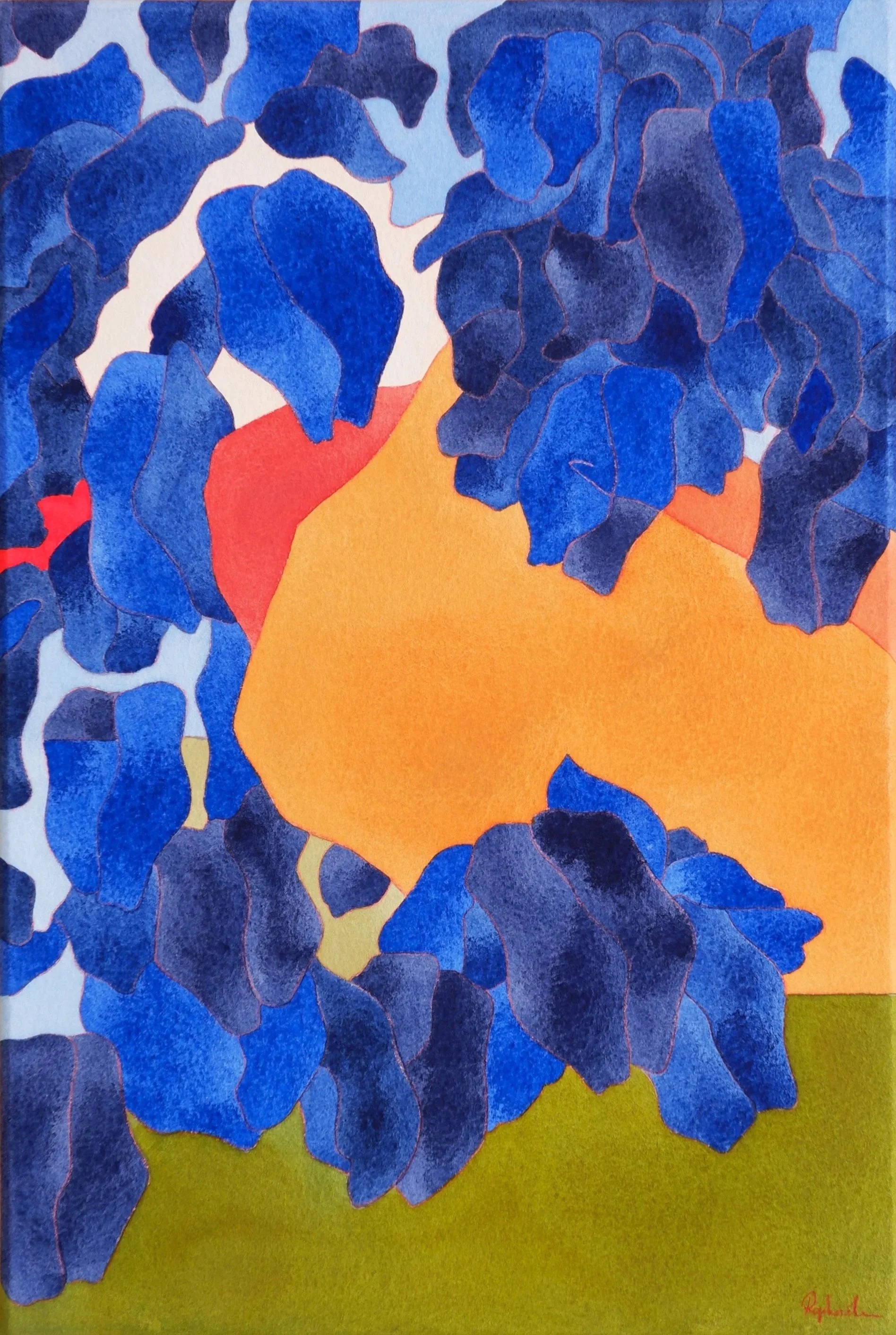Une toile abstraite avec des fleurs de teintes bleues entourées par un fond jaune. La peinture est colorée et expressive.