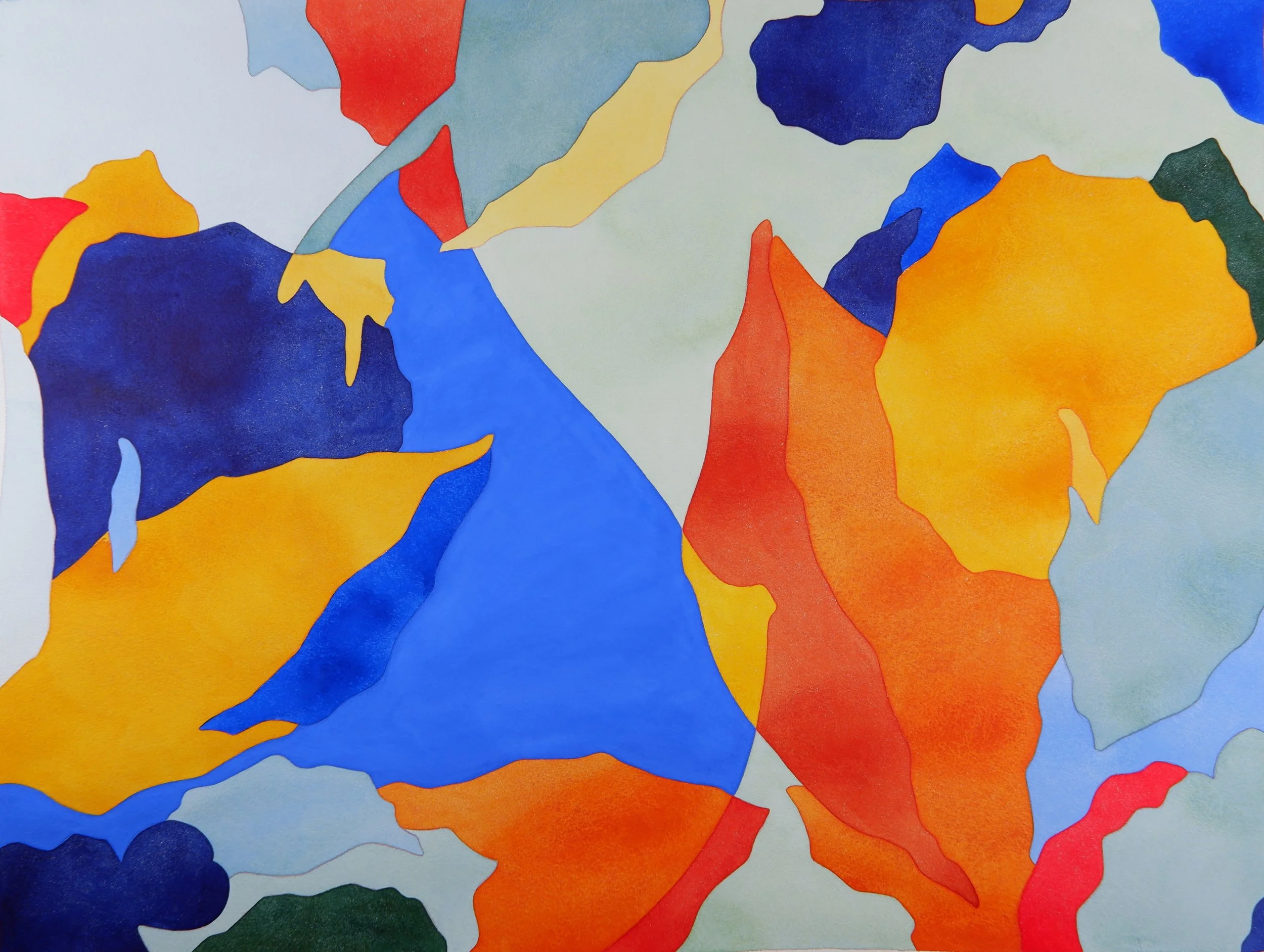 Une peinture abstraite avec des formes colorées en orange, bleu, rouge, vert, jaune, et gris sur fond blanc.