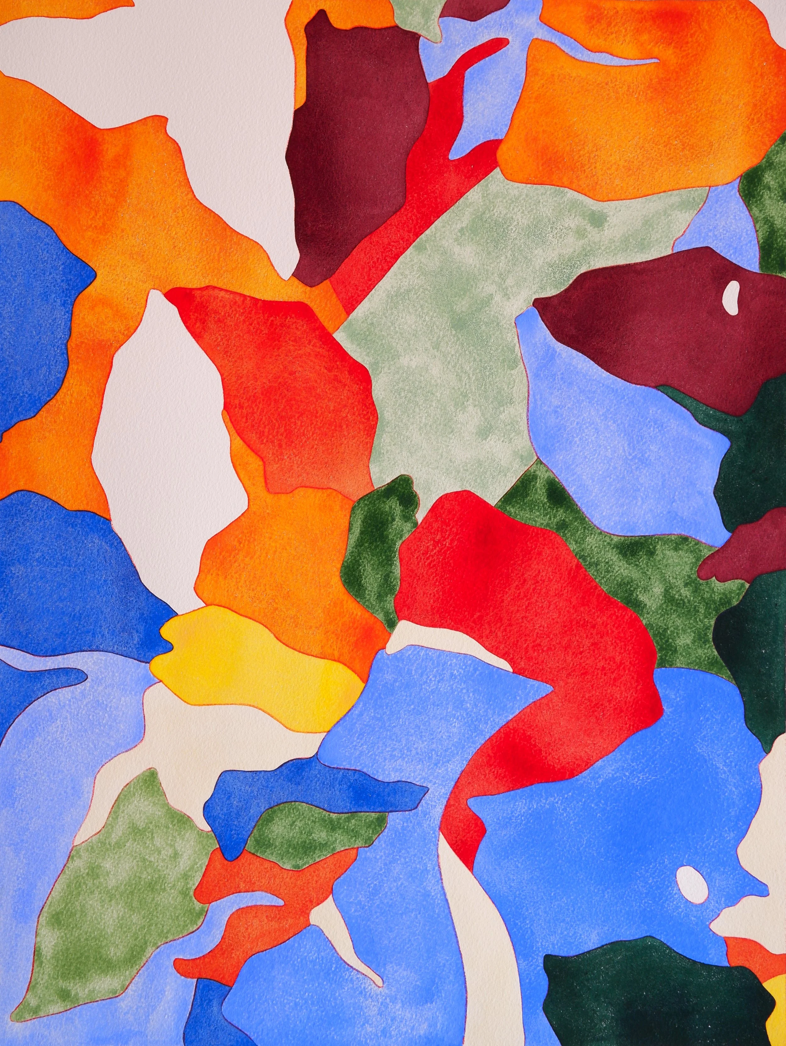 Une peinture abstraite avec des formes colorées en orange, rouge, vert, blanc, bleu et violet.