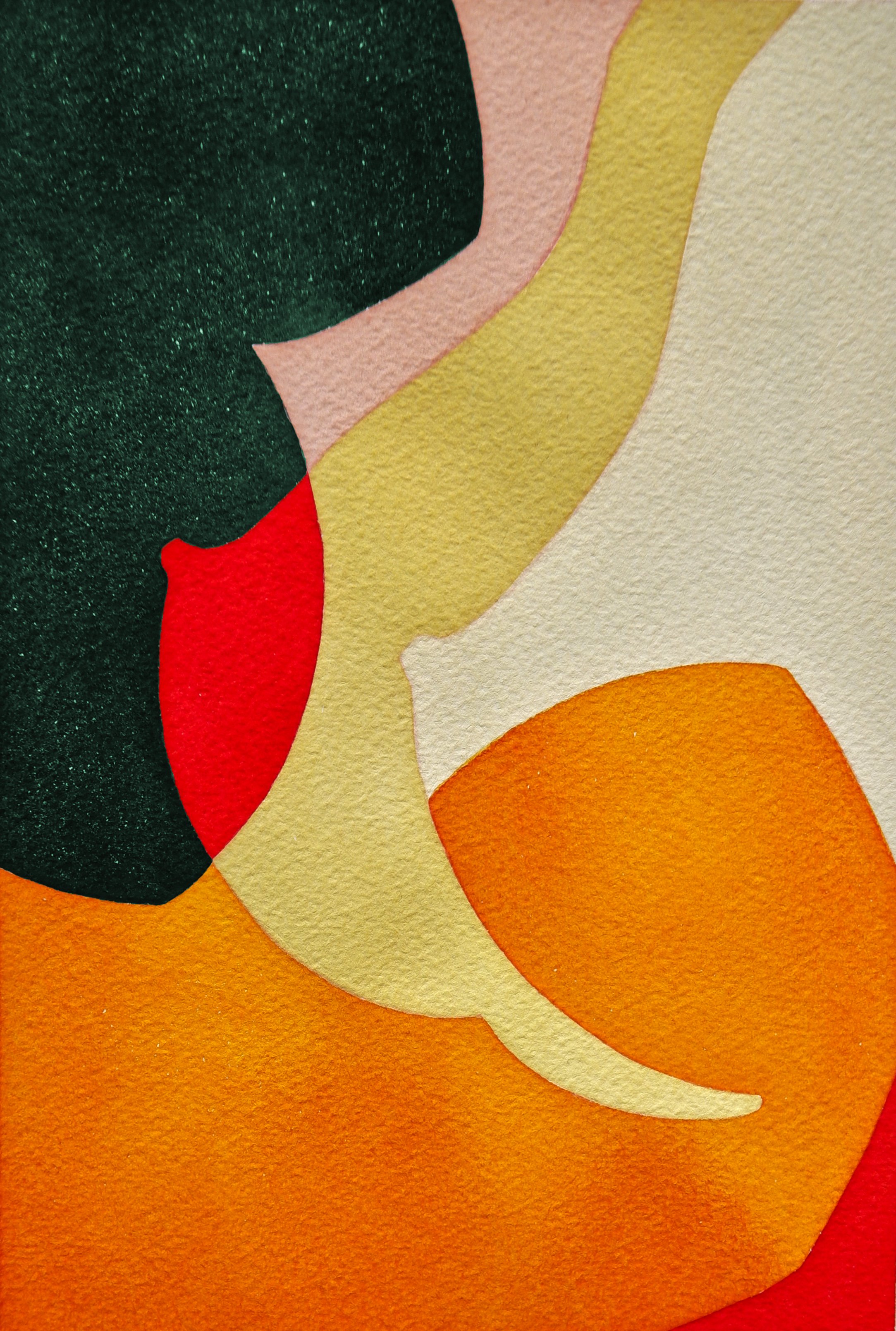 Détail d'une œuvre d'art abstraite avec des formes colorées et texturées en nuances d'orange, jaune, vert et rouge.