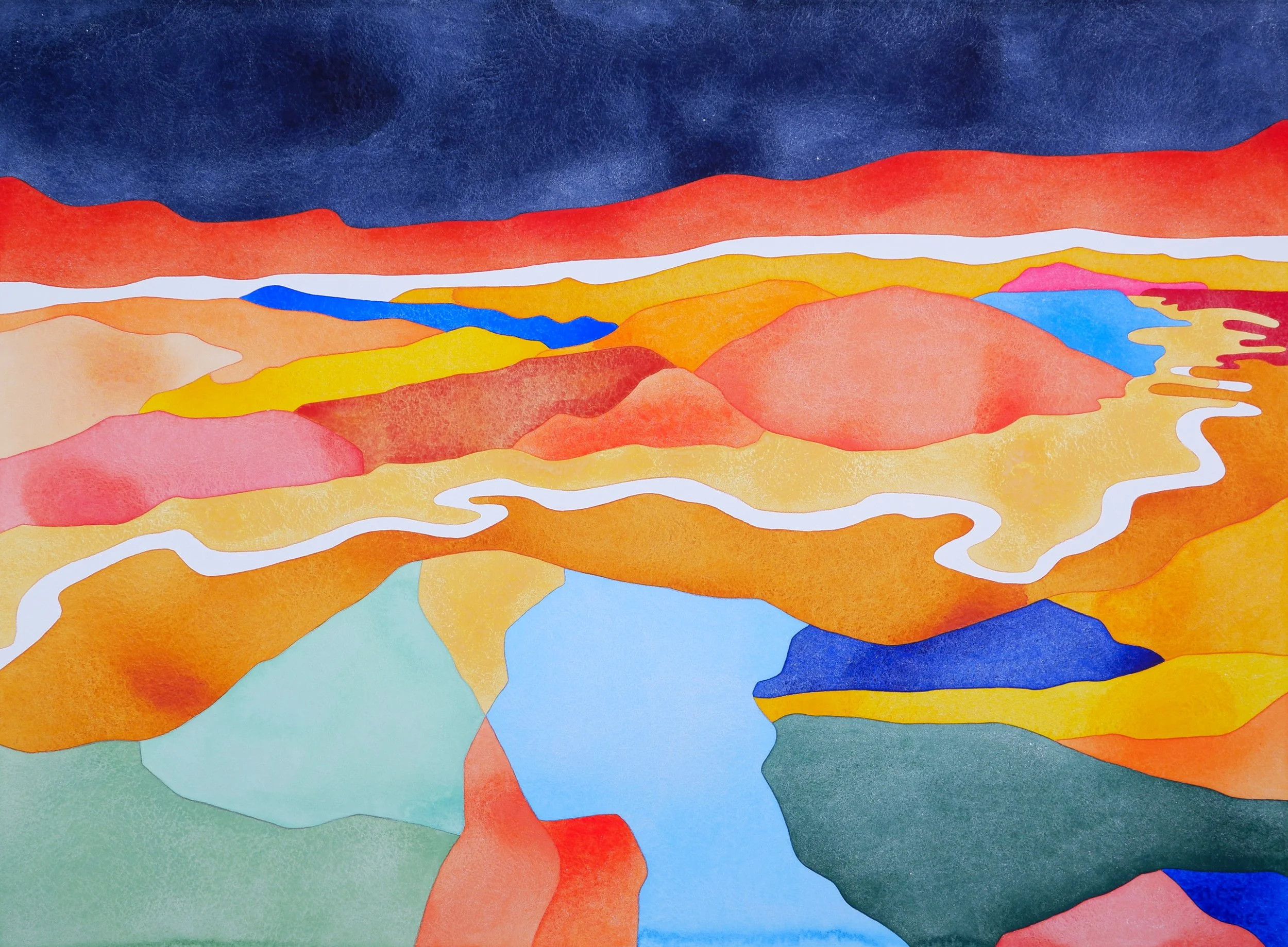 Une peinture abstraite avec des formes colorées fluides et dégradés, comprenant des tons de bleu, orange, jaune, rose et vert, évoquant un paysage artistique.
