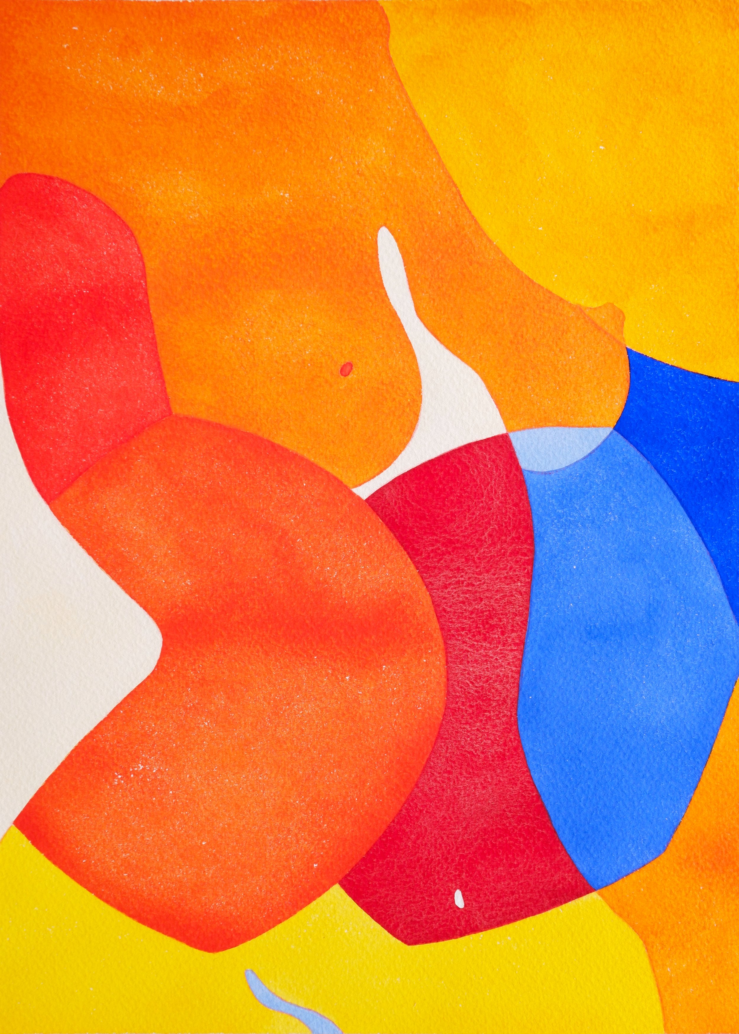 Une peinture abstraite avec des formes colorées comme du rouge, orange, jaune, bleu et blanc sur un fond jaune