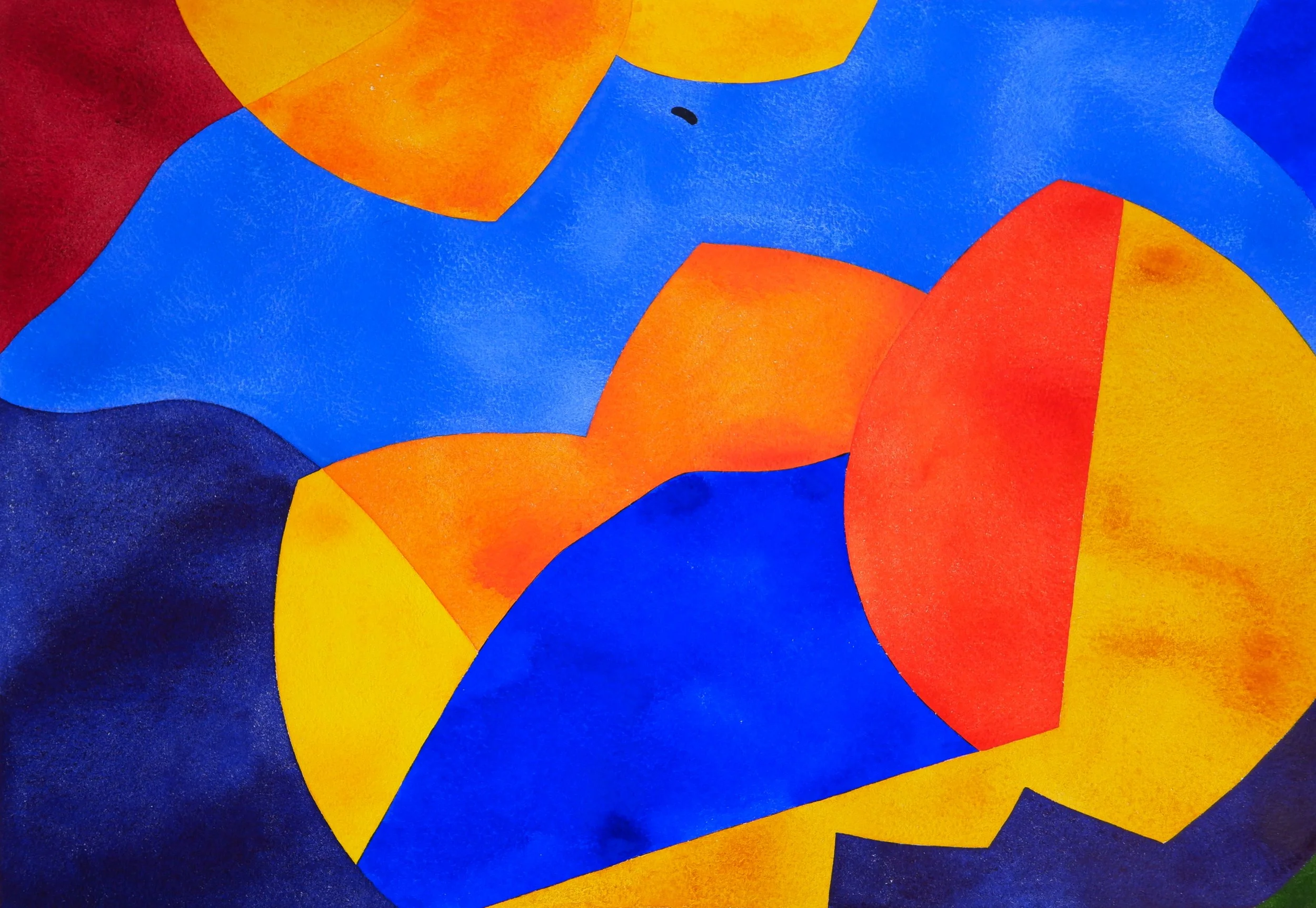 Une peinture abstraite avec des formes organiques en couleurs vives comme le rouge, l'orange, le jaune, le bleu et le violet.