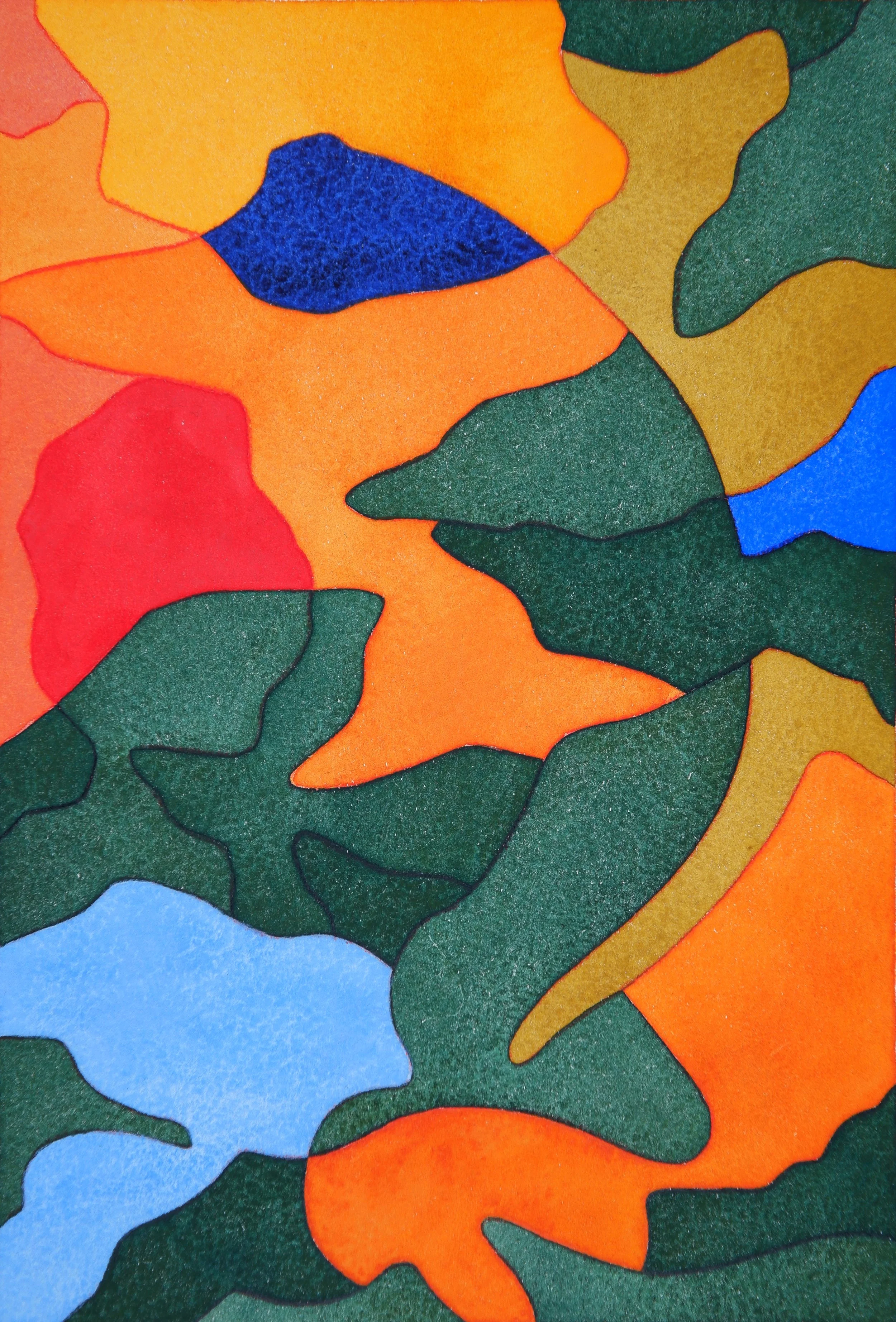 Une illustration abstraite composée de formes organiques colorées, principalement en vert, orange, bleu, rouge et jaune, délimitée par des lignes noires.
