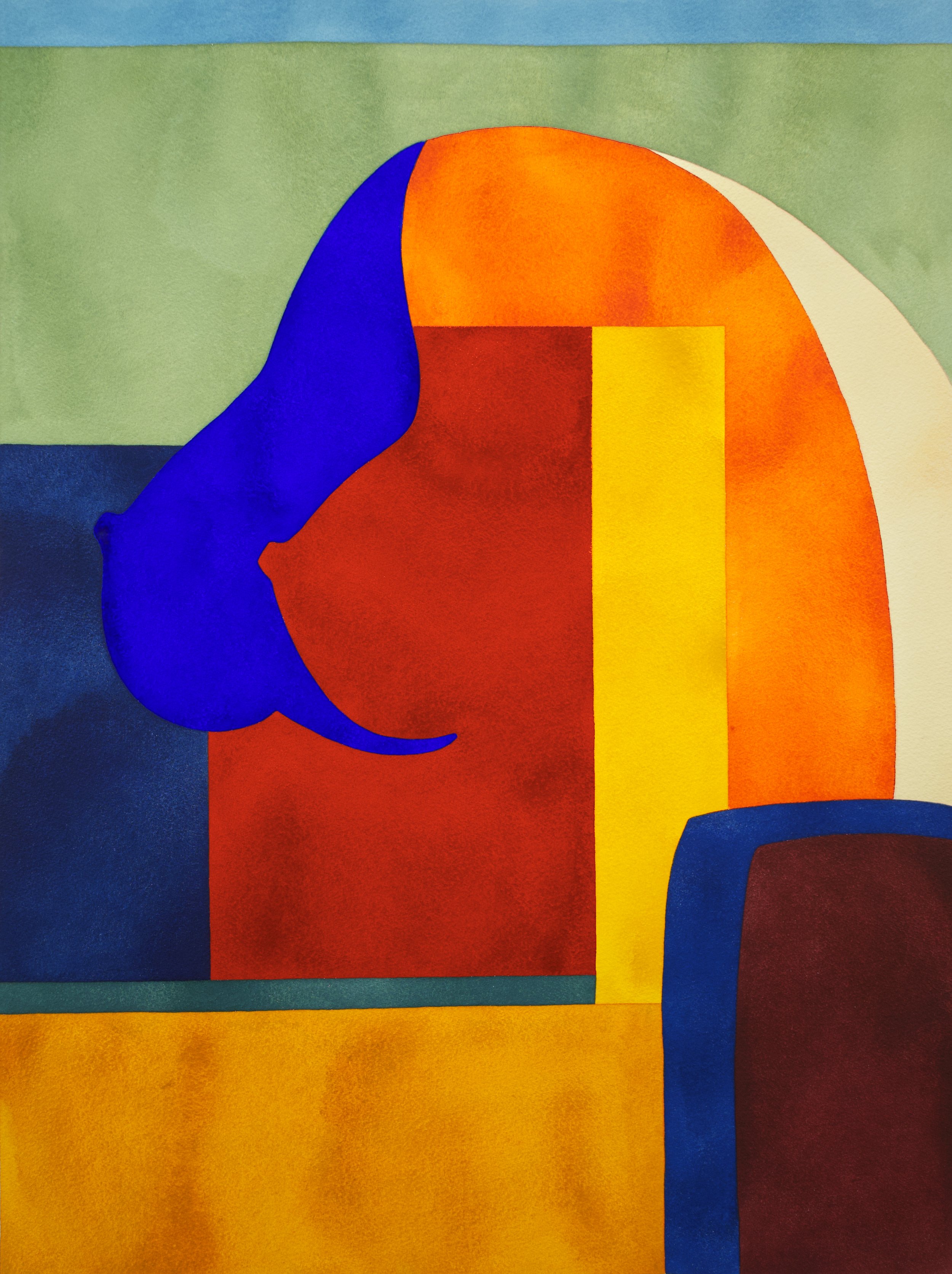 Une œuvre d'art abstraite avec des formes colorées : un cercle orange, une forme bleue en forme de U, et des bandes jaunes et rouges, sur un fond vert et bleu.