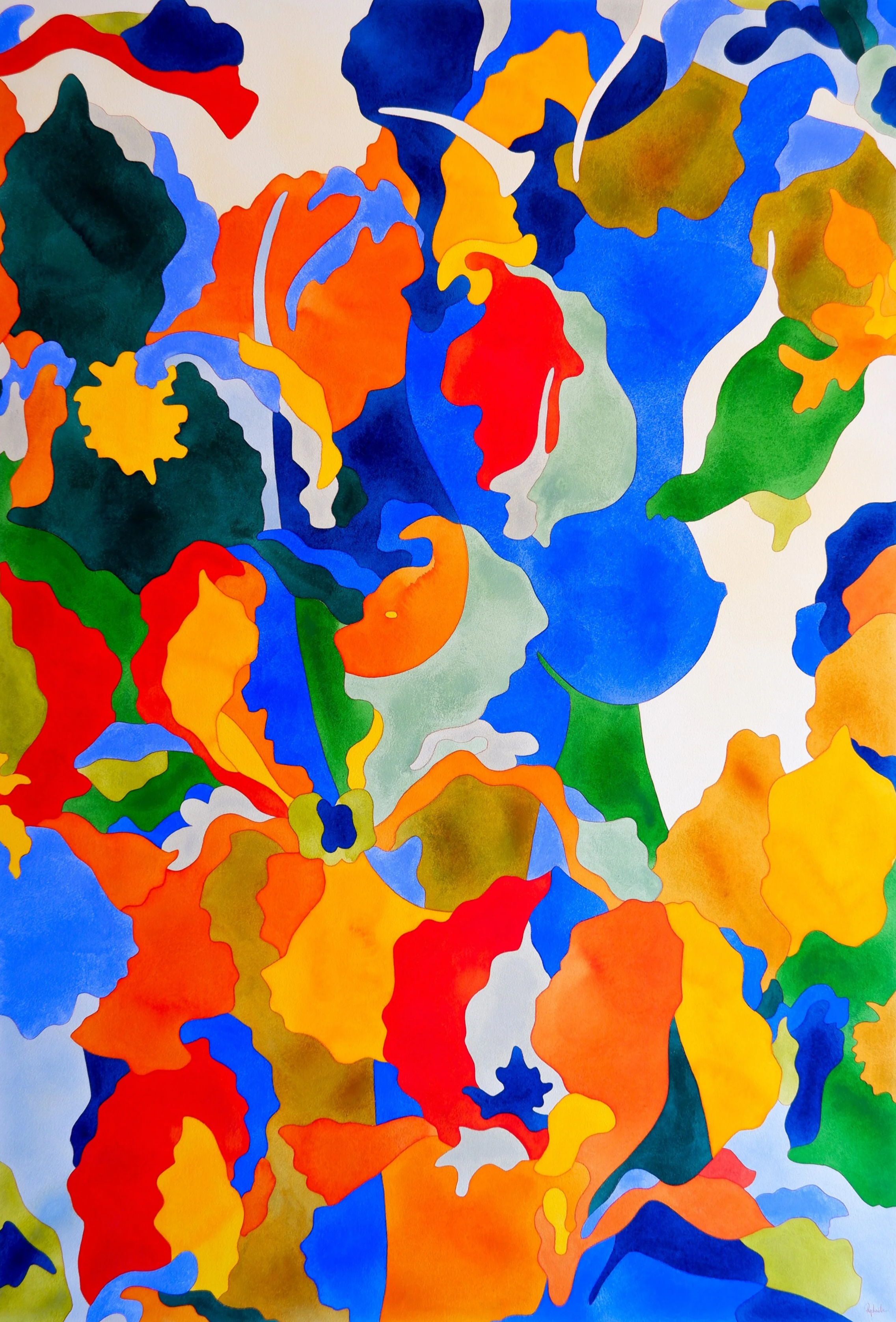 Une peinture abstraite avec des formes colorées en rouge, orange, bleu, vert, jaune et blanc disposées de manière non figurative.