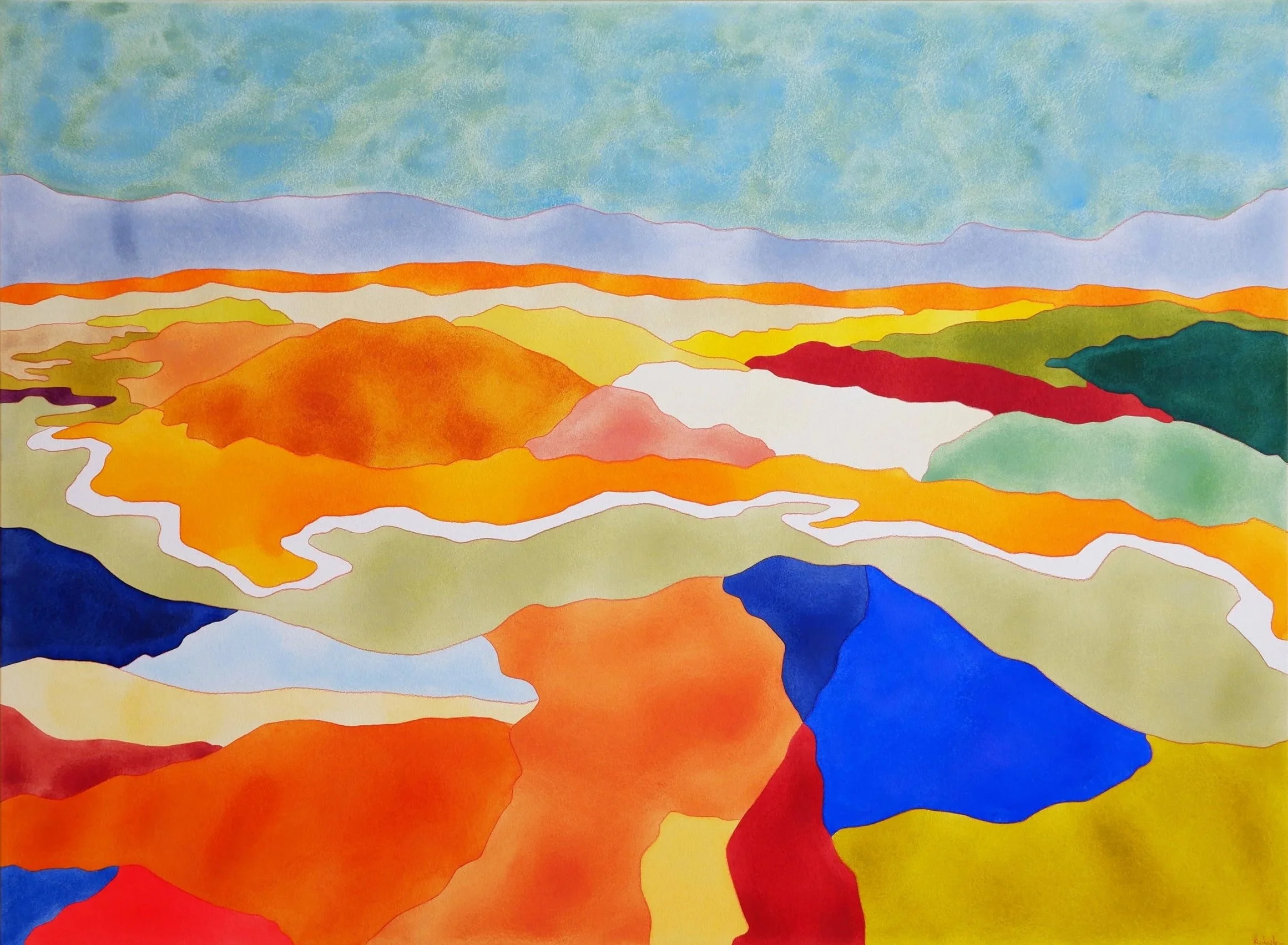 Une peinture abstraite représentant des collines aux couleurs chaudes telles que le orange, le jaune, et le rouge, avec un ciel bleu et vert au sommet.